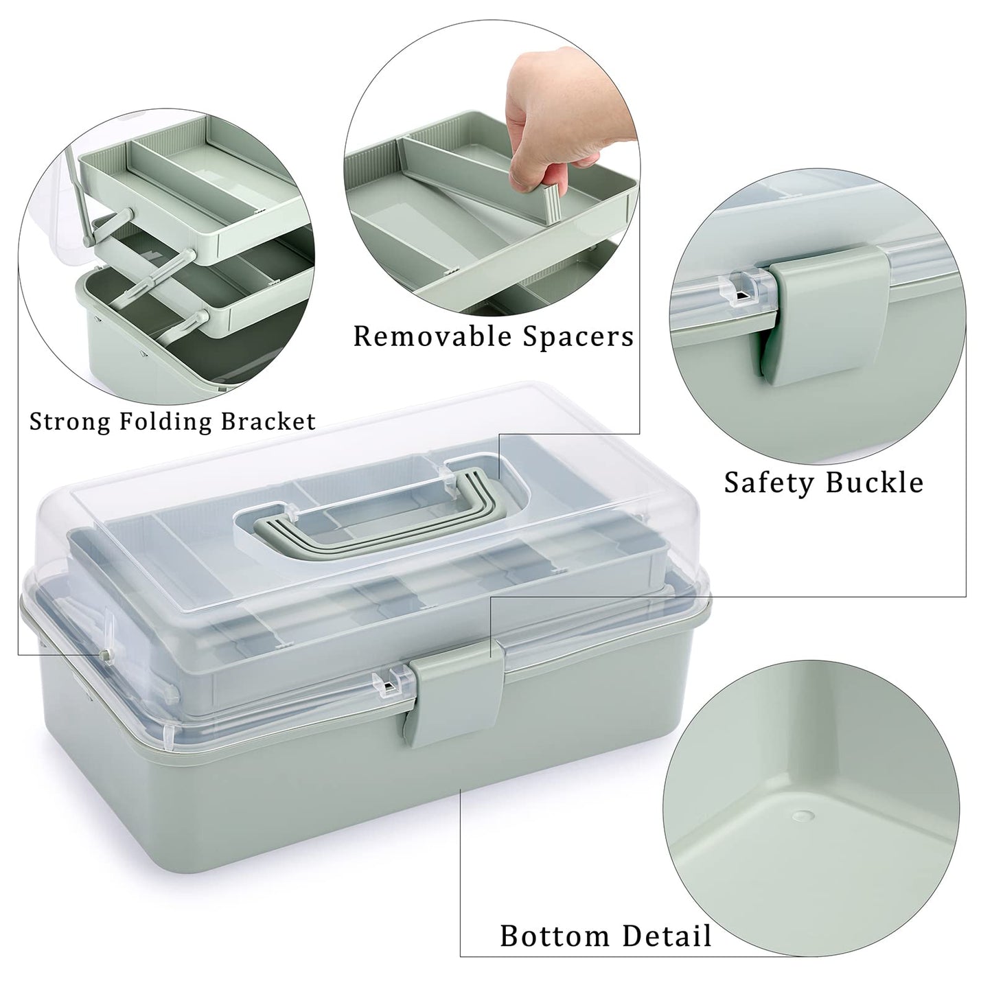 BTSKY 3-Layer Plastic Dividing Storage Box Craft Organizer and Storage with Adjustable Spacers Portable Handled Art Supply Organizer Multipurpose Home Utility Box for Medicine Sewing(Haze Green)