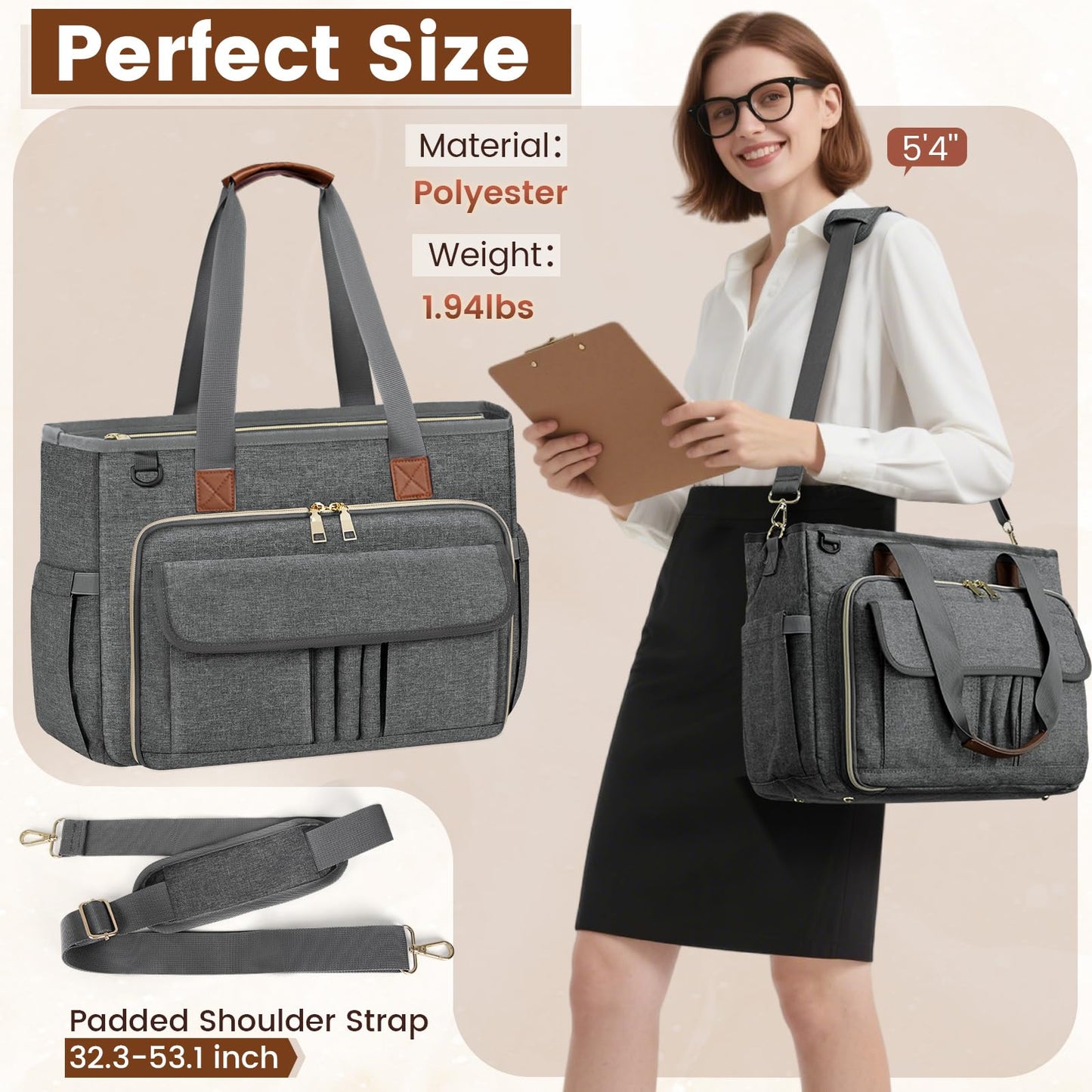 RAINSMORE Teacher Tote Bag 15.6 inch Laptop Bag for Women Work Bags Nurse Bag Lightweight Laptop Tote Computer Messenger Shoulder Bags with Insulated Pocket, Professional Laptop Briefcase