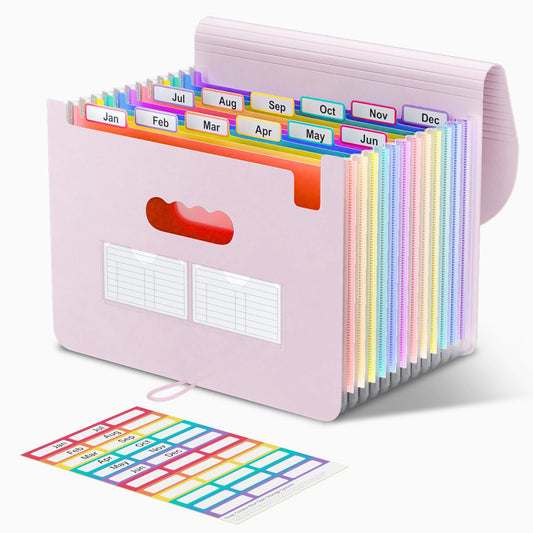 ThinkTex Accordion File Organizer, 12 - Pocket Expanding File Folders for Paper Receipts, Bills & Taxes Organizer, Letter/A4 Size Document Holder for School, Office, Home with tabs-Pinkish Purple