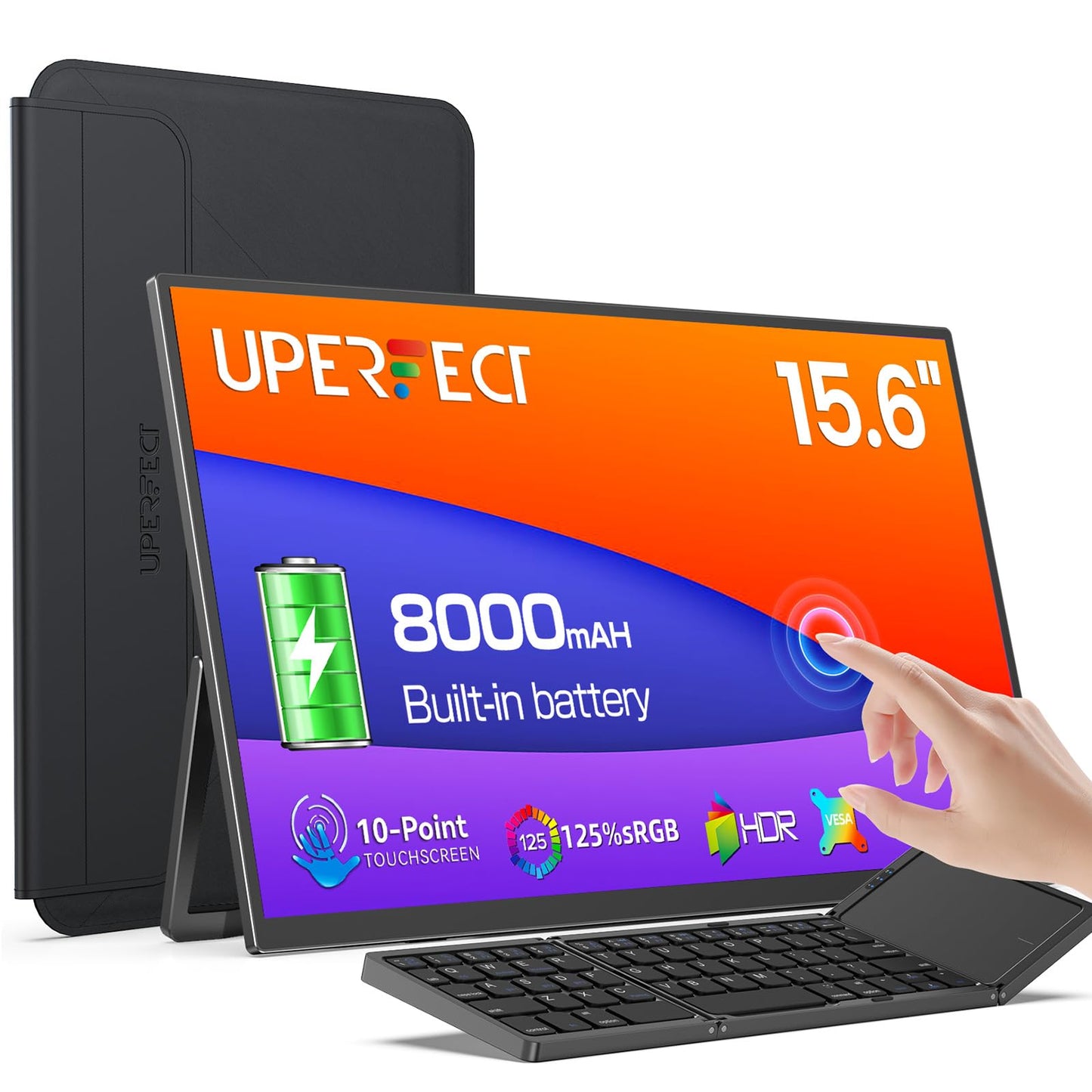 UPERFECT Portable Monitor Touchscreen 15.6'', Laptop Monitor with Bluetooth Keyboard, Built-in 8000mAh Battery | Adjustable Stand | Speakers, Ultra-Slim External Screen for Phone, Game Console