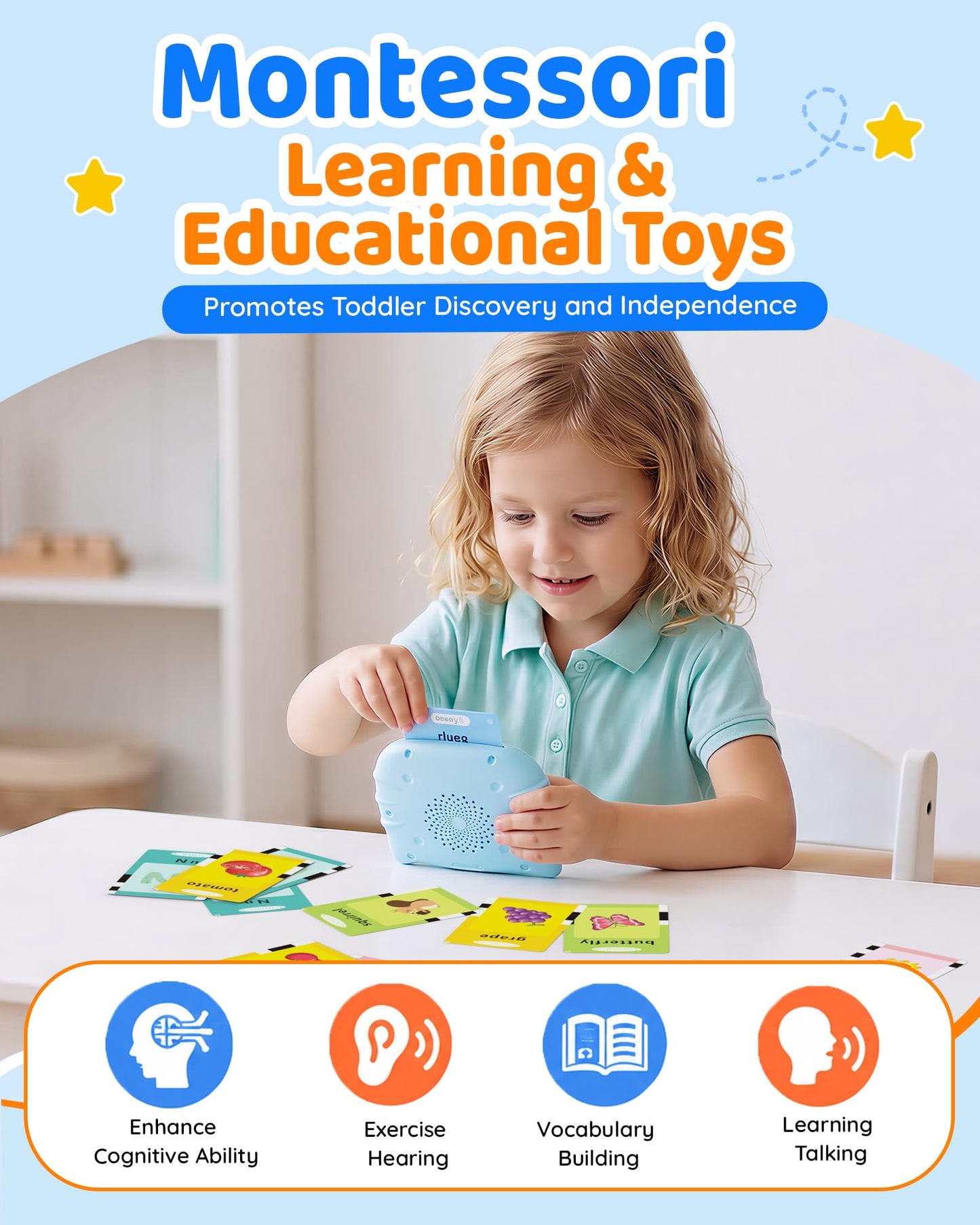 Aullsaty Talking Flash Cards for Toddlers 1-3, Upgraded 248 Sight Words Montessori Speech Therapy Toy, Autism Sensory Educational Learning Toys, Birthday Gift for Boys Girls (Blue)