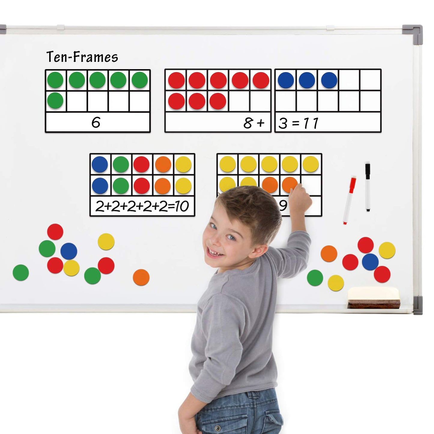 Torlam Magnetic Ten-Frame Set - Math Manipulative for Elementary - 5 Ten Frames & 55 Magnetic Counters for Kids, Kindergarten Math Games (Upgraded Version for Hand-held & 2 Black Pens)