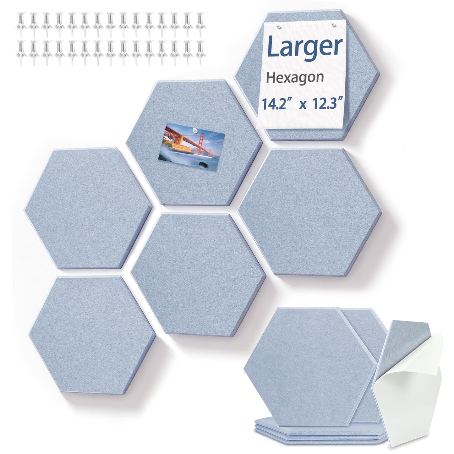 BXI Large Hexagon Felt Bulletin Board - 14.2 X 12.3 X 0.4 Inches 6 Pcs Self-Adhesive Poster Cork Board with 30 Push Pins, Pin Tiles Display Vision Board, Photo Picture Panels for Home Office Classroom