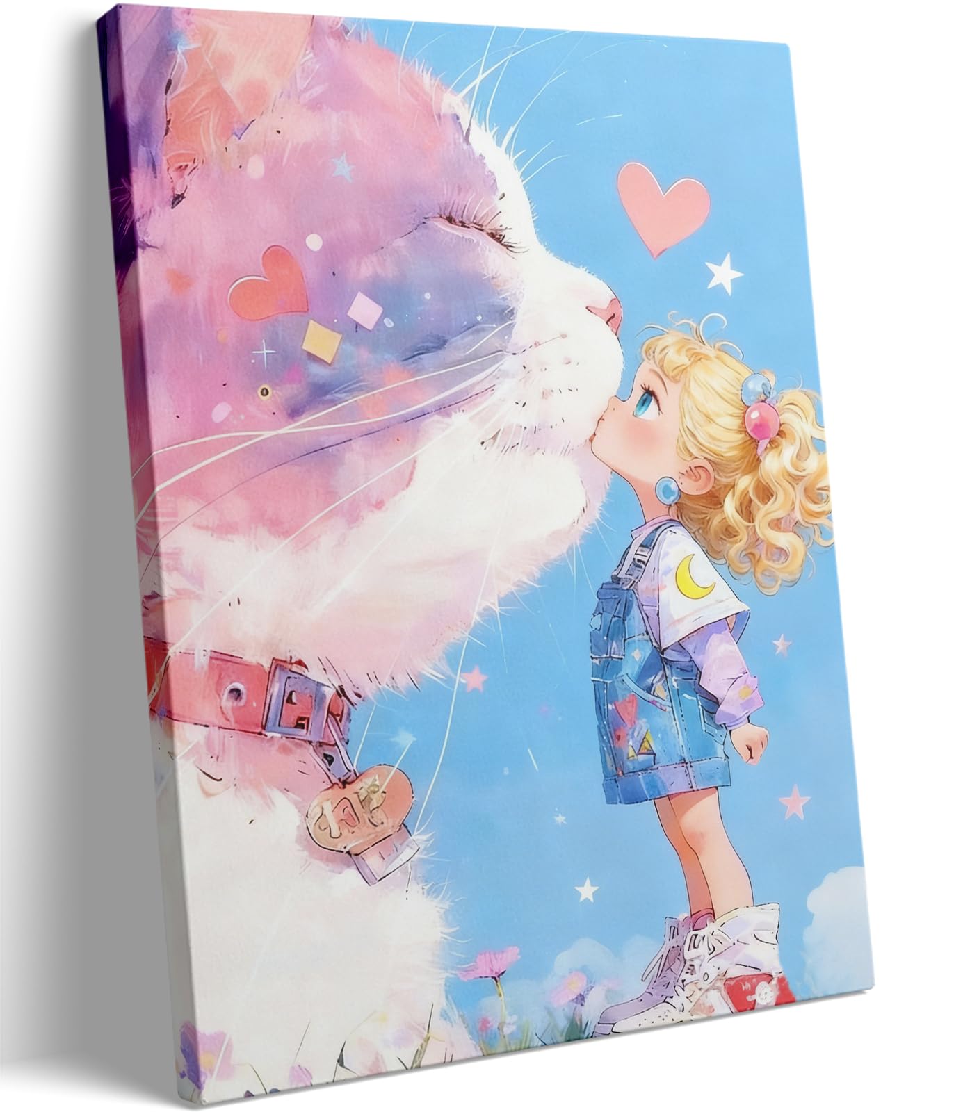 16x24 Giant Pink Cat Kissing Little Girl Canvas Wall Art - Cute Whimsical Kids Kawaii Room Decor, Pastel Dreamy Nursery Wall Poster, Cartoon Framed Animal Artwork for Bedroom Bathroom Living Room