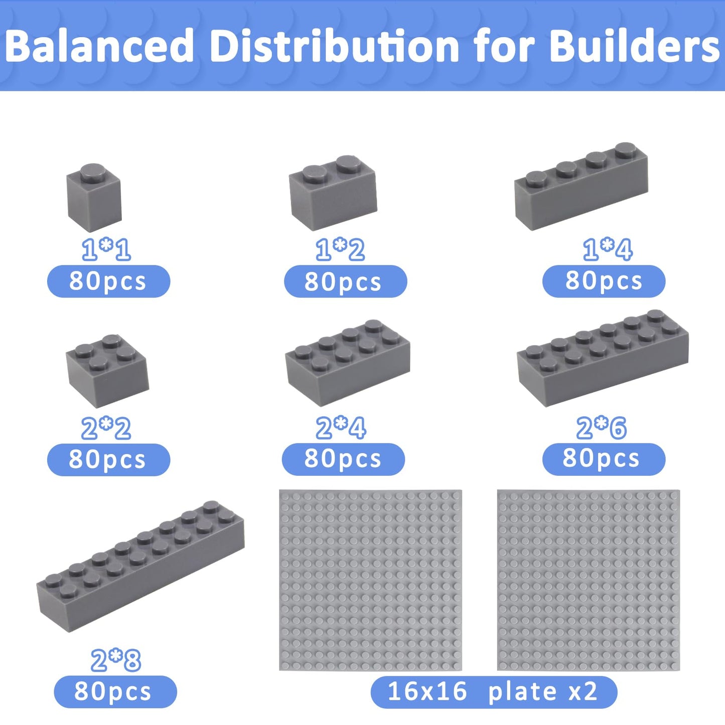 Cabeeskii 560 Pieces Dark Grey Classic Building Blocks Bulk with 2 Base Plates, Building Bricks in 7 Size, Compatible with All Major Bricks, for Kids & MOC Lovers