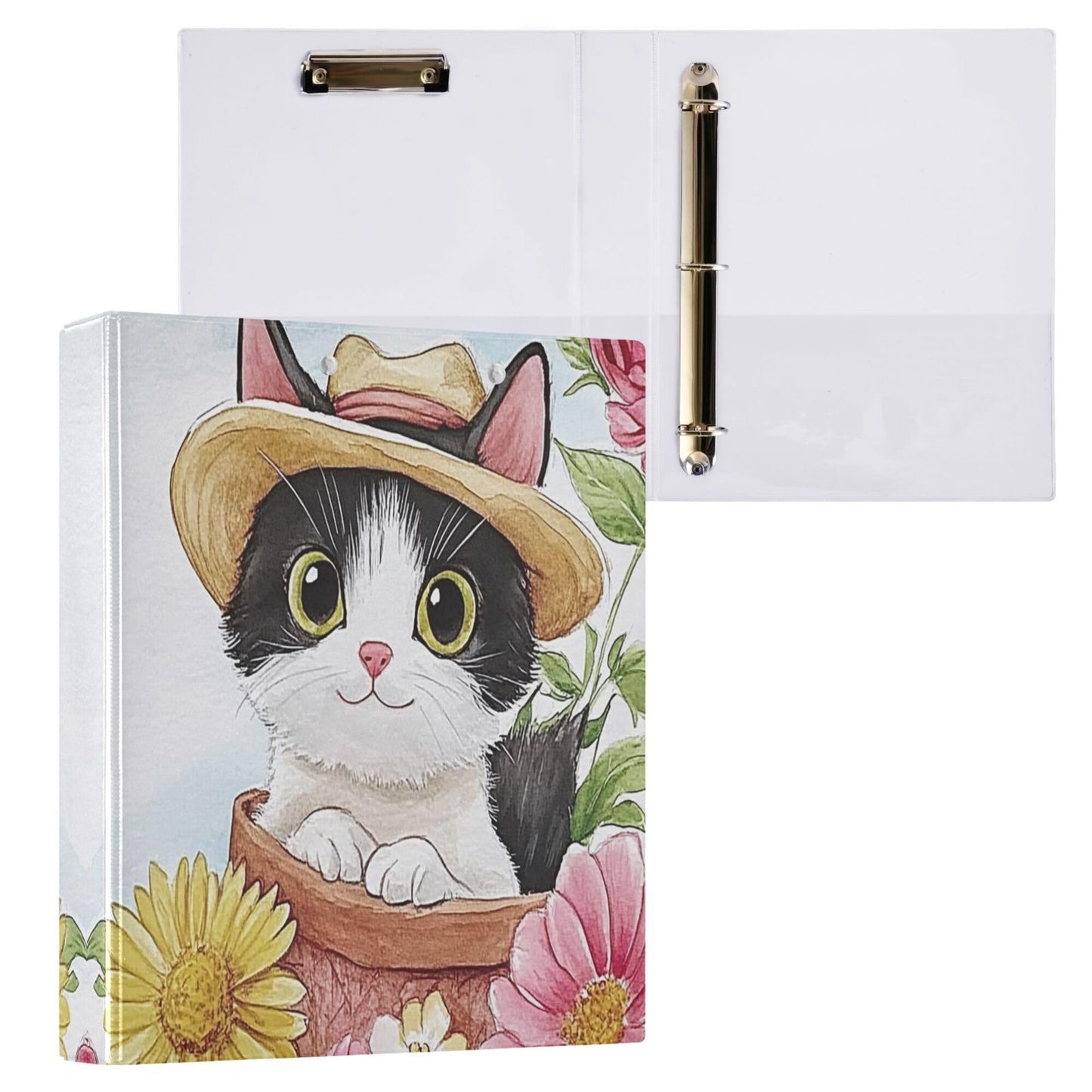 Cat Round Ring Binders 1.5 Inch Sunflower 3 Ring Clipboard Binder for Office School Work Supplies File Folder Document 200 Sheet Capacity Easy Open