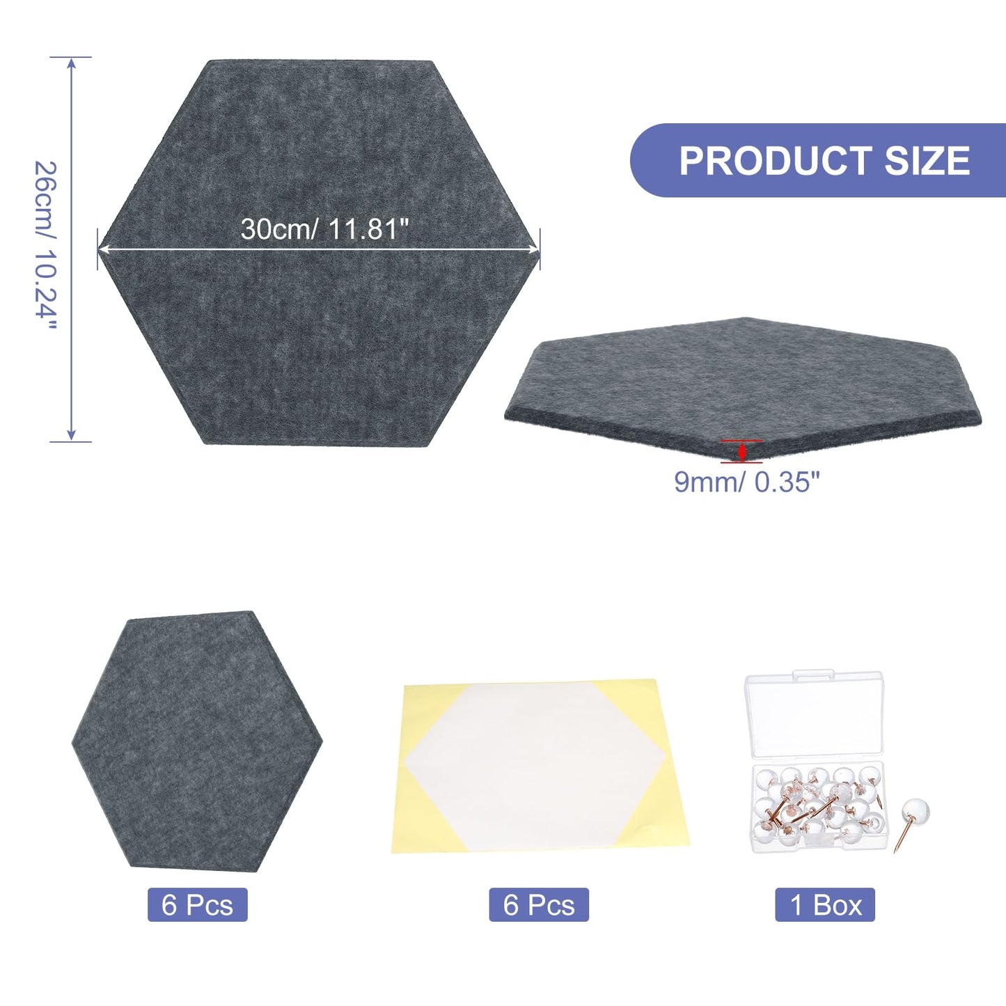 PATIKIL Felt Bulletin Board, 12"x10", 6 Packs Self Adhesive Hexagon Felt Tiles for Sound Proofing Wall Panels for Home Office Recording Studio,Game Room, Concrete Gray