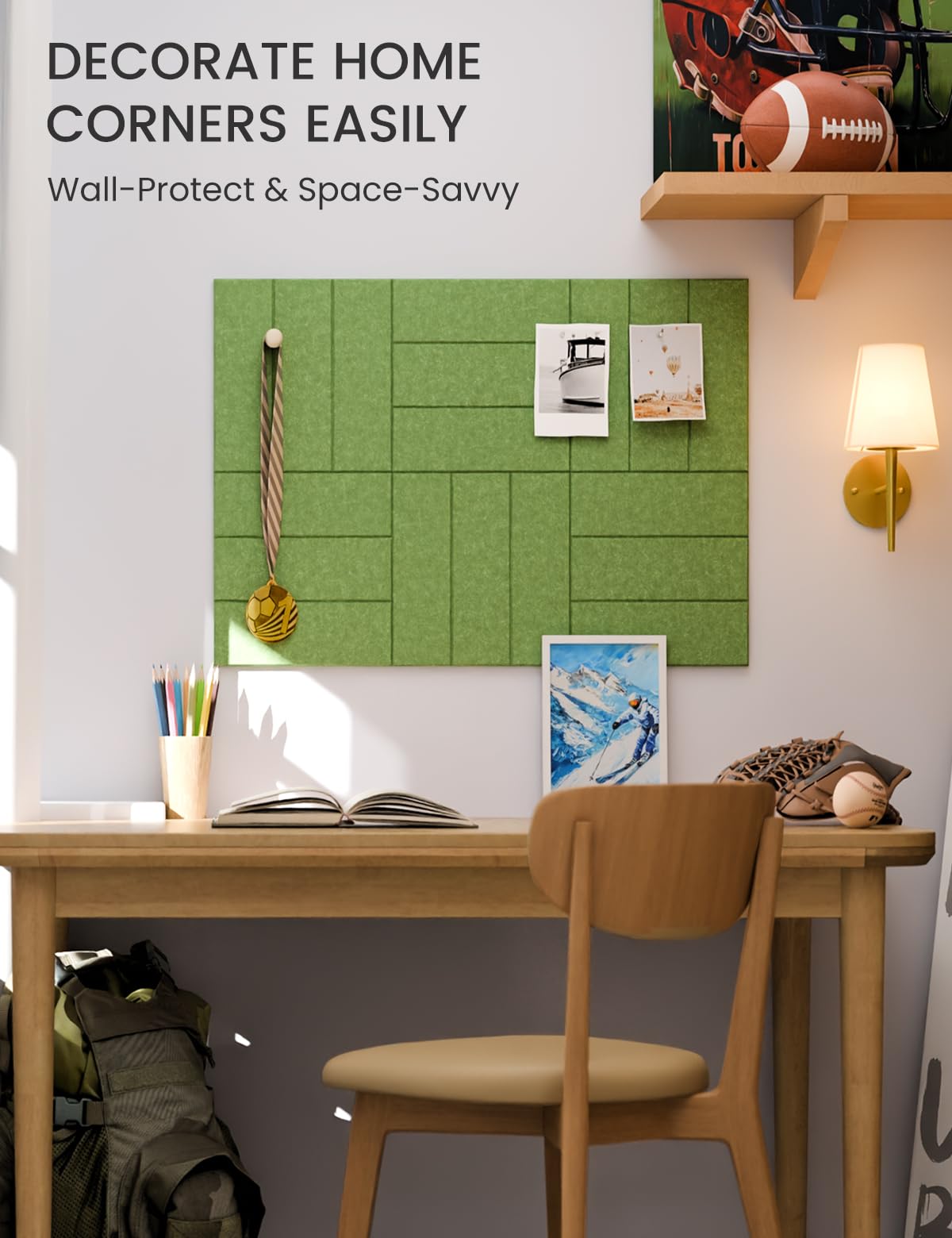 Felt Bulletin Board Tiles -28"x18" with 40 Adhesive Tabs, Cork Board Alternative for Office Decor, Push Pin Board Wall Organizer 6-Pack (Grass Green)