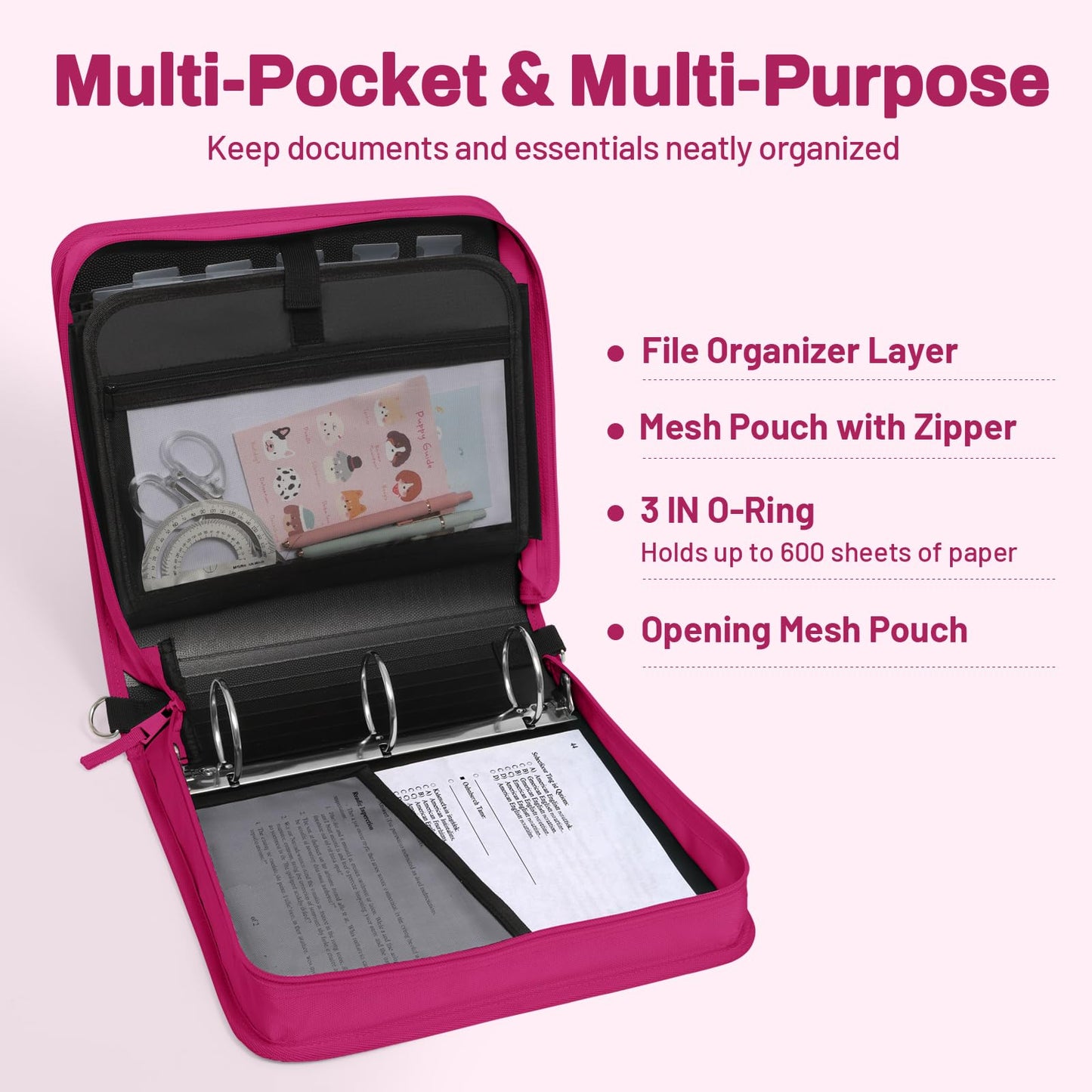 SUNEE Zipper Binder 3 Ring, 3 Inch O-Ring with Handle and Shoulder Strap, 600-Sheet Capacity, 5-Tab Expanding File Folder, Multi-Pockets for Middle School Organizer Binder with Zipper, Berry Pink