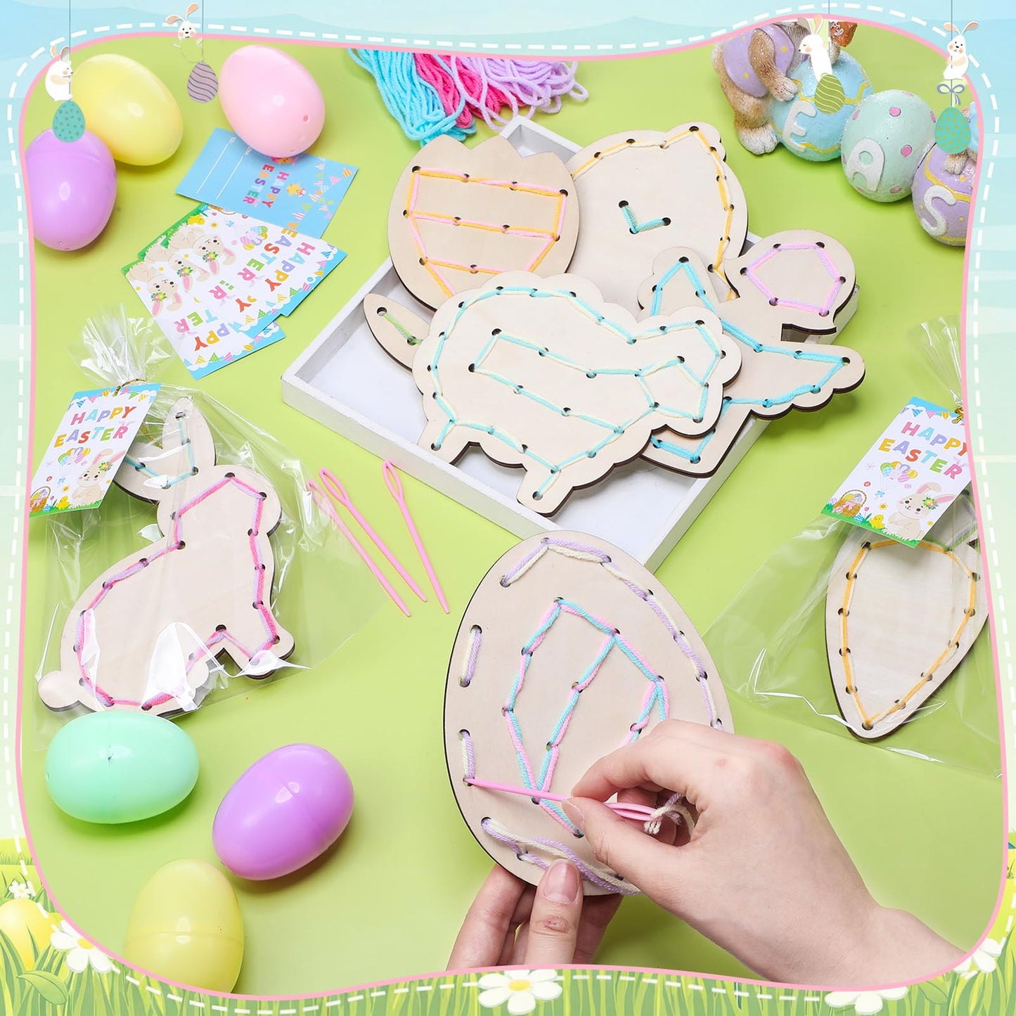 Capoda 18 Sets Easter Crafts for Kids Wooden Lacing Card Toys Easter Basket Stuffers Spring Basket Essentials with Colorful Threads for Girls Boys Spring Craft Activities Craft Kits Sewing