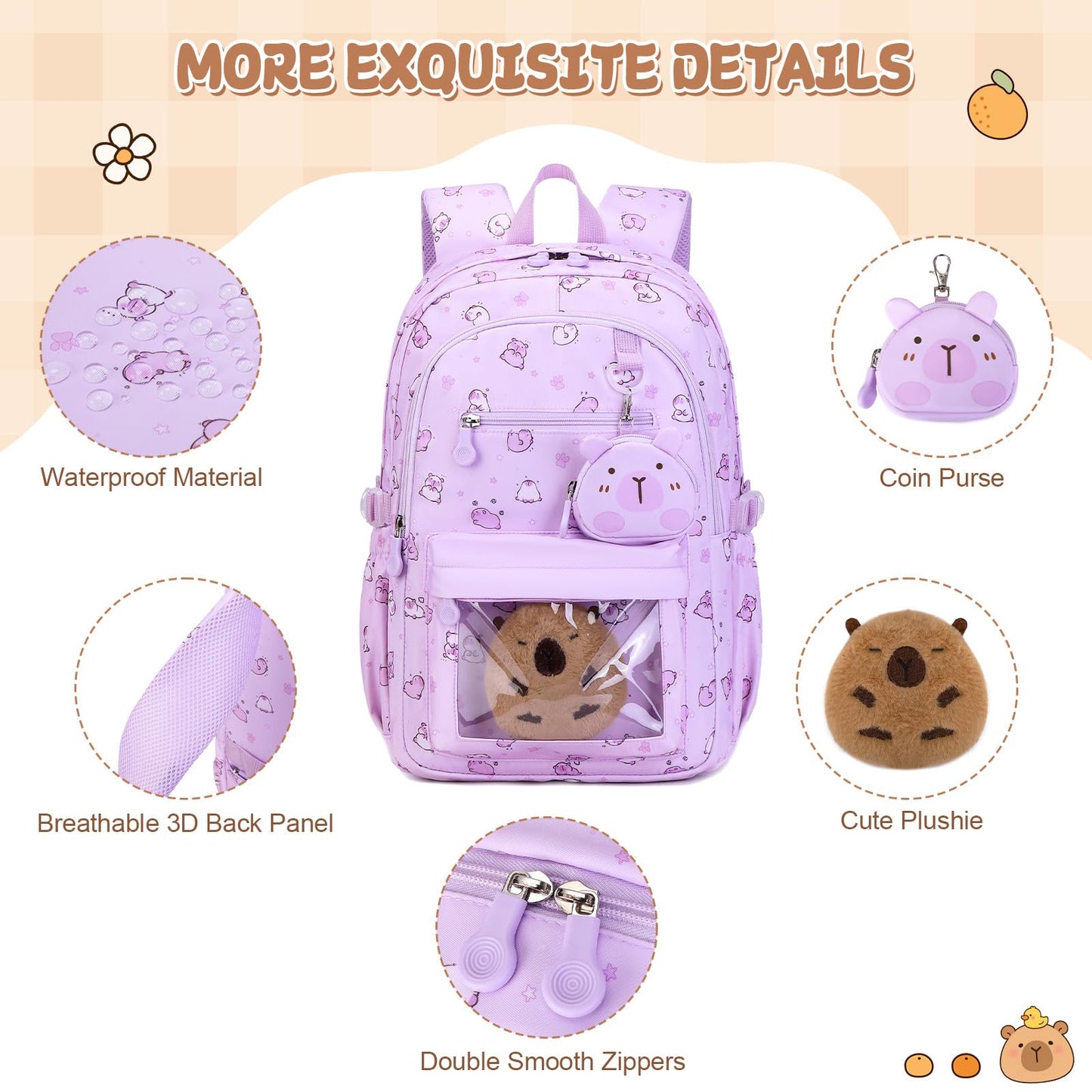 Similove Capybara Theme Backpack for School Girls, 35PCS Kids Backpack Set with School Supplies Stationery Kit Lunch Box Pencil Case, Cute Girls Bookbag for Kindergarten Elementary Student