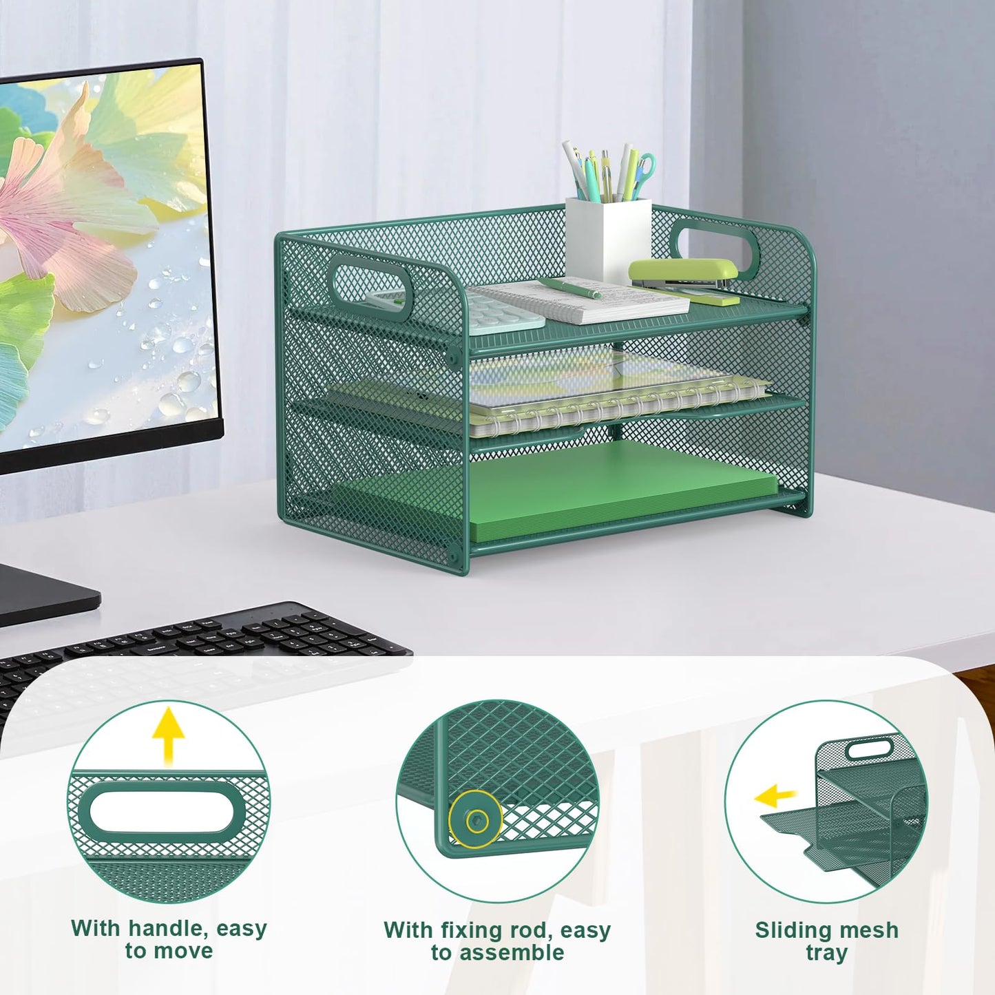 Samstar 3 Tier Green Letter Tray Paper Organizer with Handle, Mesh Desk Organizer Paper Sorter File Rack Shelves, Green