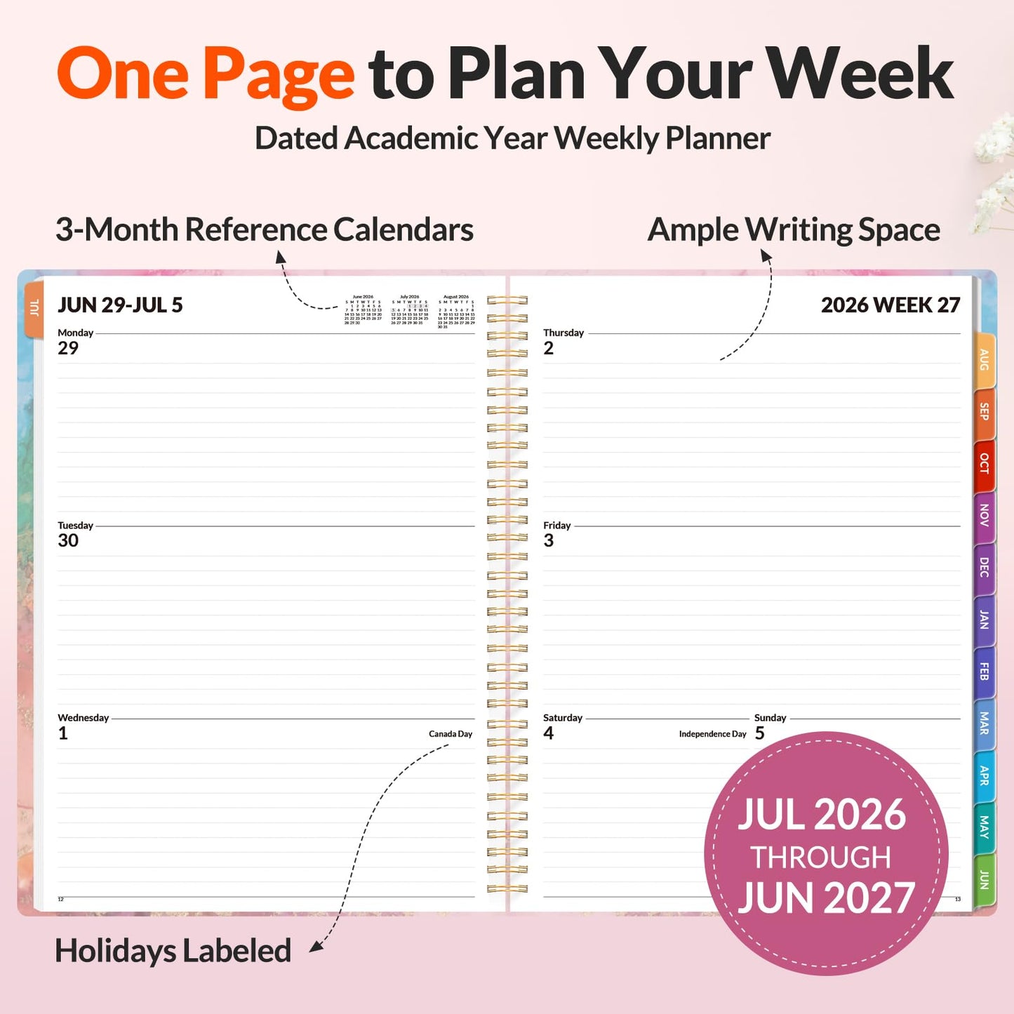 SUNEE Academic Planner 2026-2027 – Weekly & Monthly Planner, July 2026 to June 2027, 8.5"x11", Thick Paper, Tabs, Pockets, Bookmark, Spiral-Bound, Student Teacher Organizer, Marble