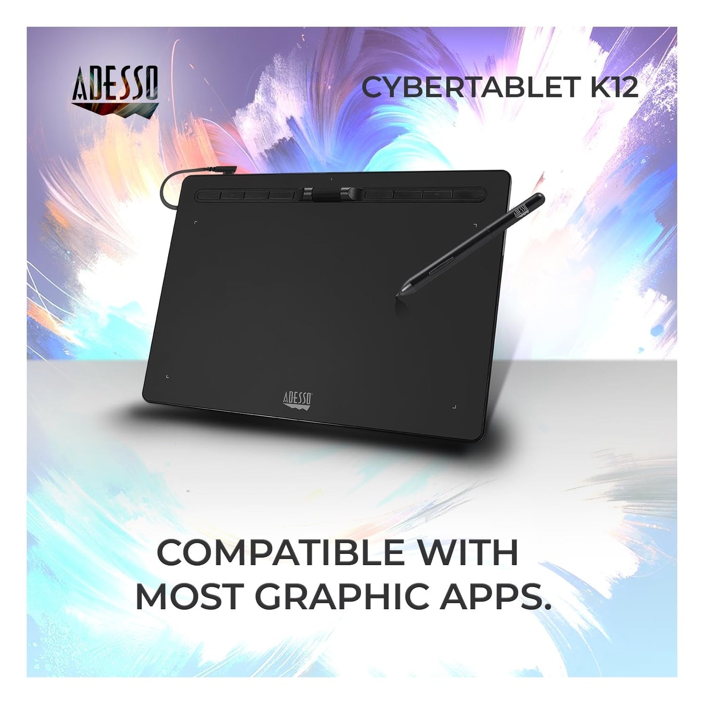 Adesso Large Graphics Drawing Tablet Pad 12 x 7 Inch 8192 Levels Battery-Free Pen, 8 Customizable Keys with Scroll Wheels, Black, Compatible with PC/Mac/Android OS for Painting, Designing, Black