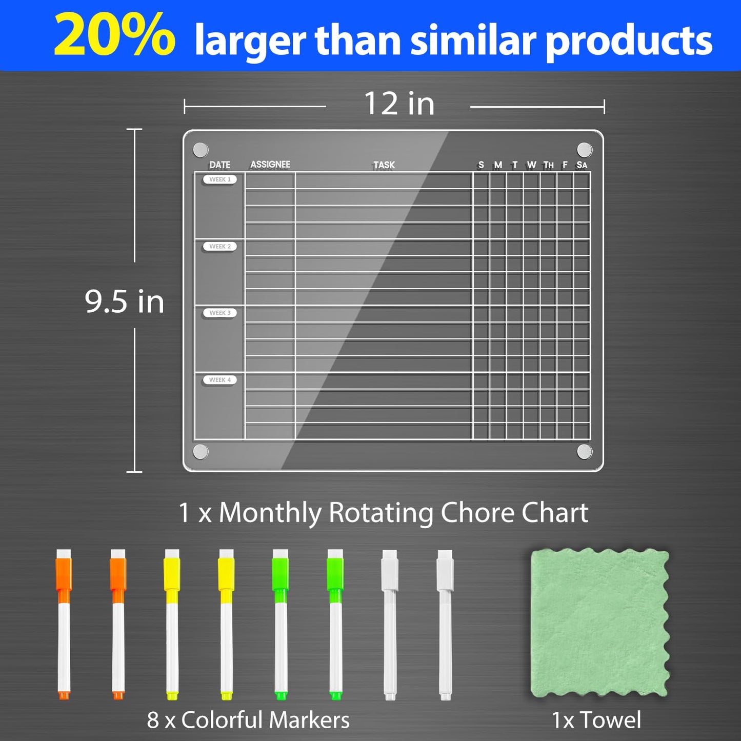 PigPotParty Acrylic Magnetic Monthly Chore Chart for Multiple Kids Roommates – 12"x9.5" Rotating Weekly Task Board for Kids Students Families, Clear Dry Erase Fridge Chart, w/ 8 Markers & 1 Towel