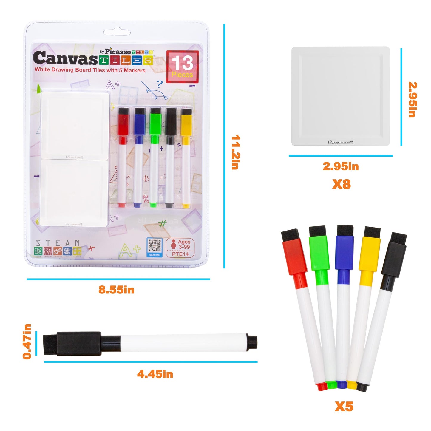 Canvas Tiles Whiteboard with 8 Magnetic Building Tiles & 5 Marker Pens Expansion Construction Blocks STEAM Learning Kits Educational Toy Set Preschool Toddler Child Kids Ages 3+ PicassoTiles