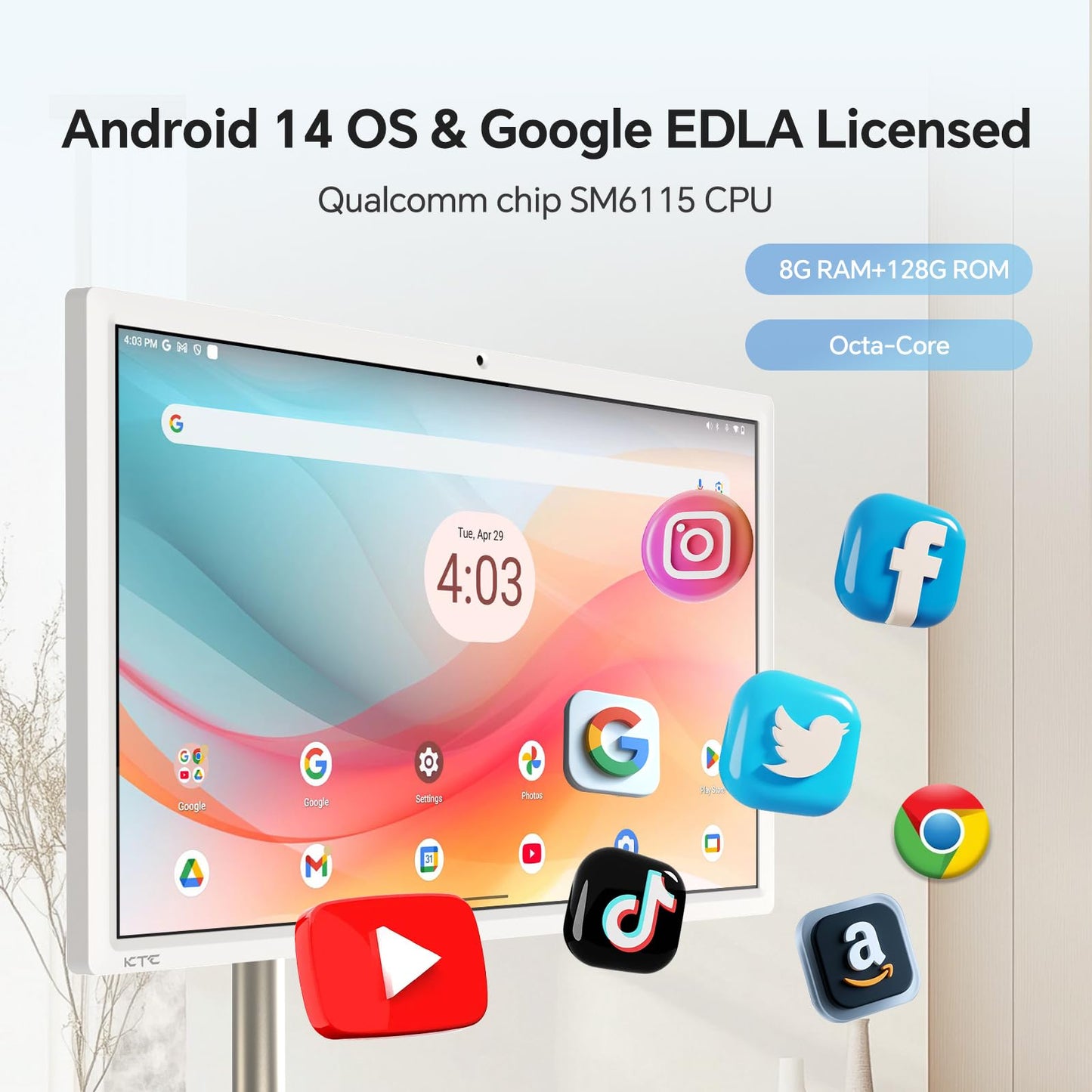 KTC 27" MEGAPAD 1080p Portable TV Touchscreen Monitor, EDLA-Certified Android 14 8G RAM +128G Storage Octa-core CPU Qualcomm Remote Control 9500mAh Battery Full Swivel Rotation Camera