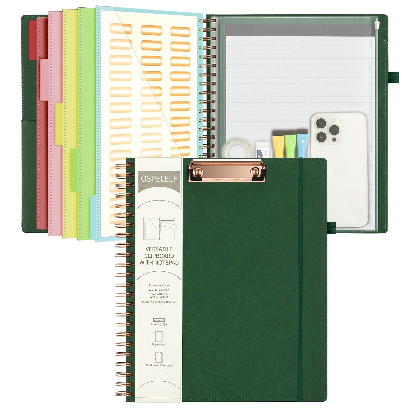 Ospelelf Leather Clipboard Folio with Notepad for Letter Size, Spiral Clipboard Folder with Storage Zipper Pouch, 5 Folders with 10 Pockets, 39 Divider Label Stickers, Pen Loop Series (Green)