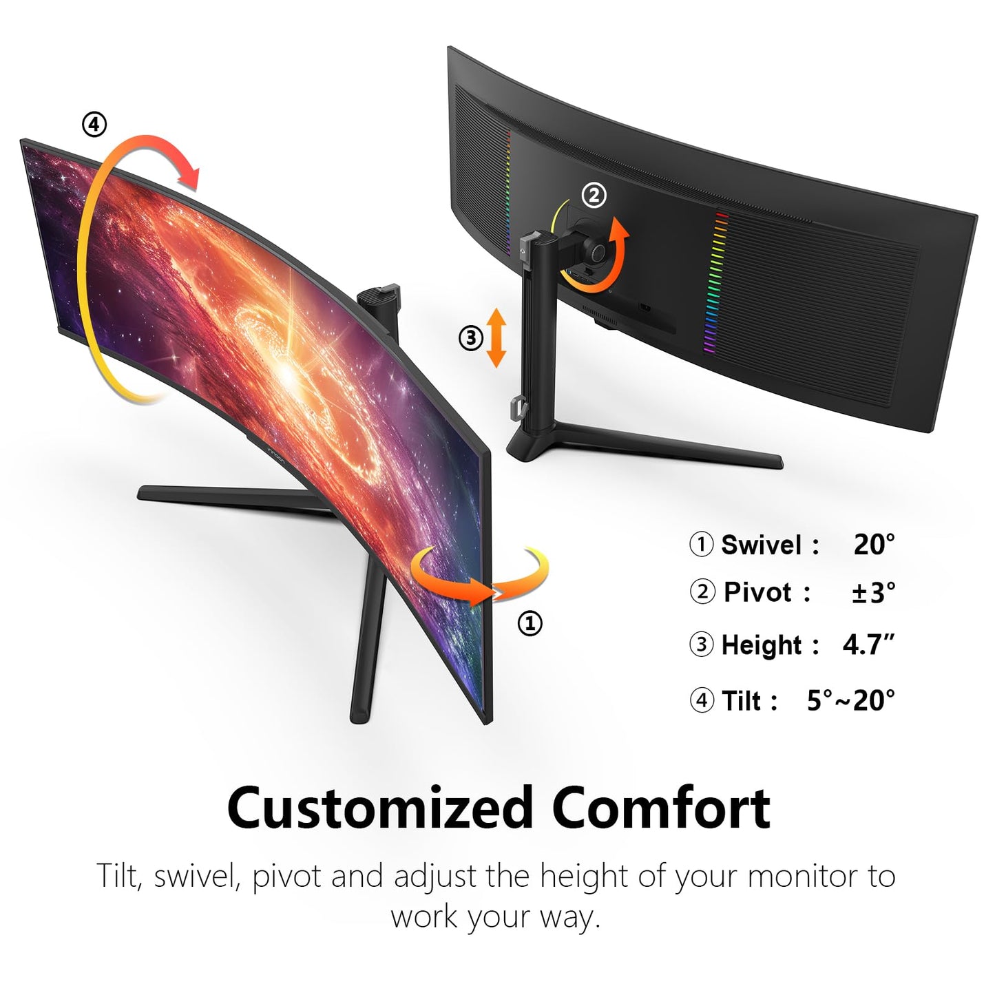 INNOCN 49" 49Q1S OLED Curved Gaming Monitor 5120 x 1440p 240Hz, 0.03ms, USB Type C 90W, HDMI 2.1, DisplayPort, USB Hub, Surrounding Speakers, Adaptive-Sync, Height Adjustable Stand, Black