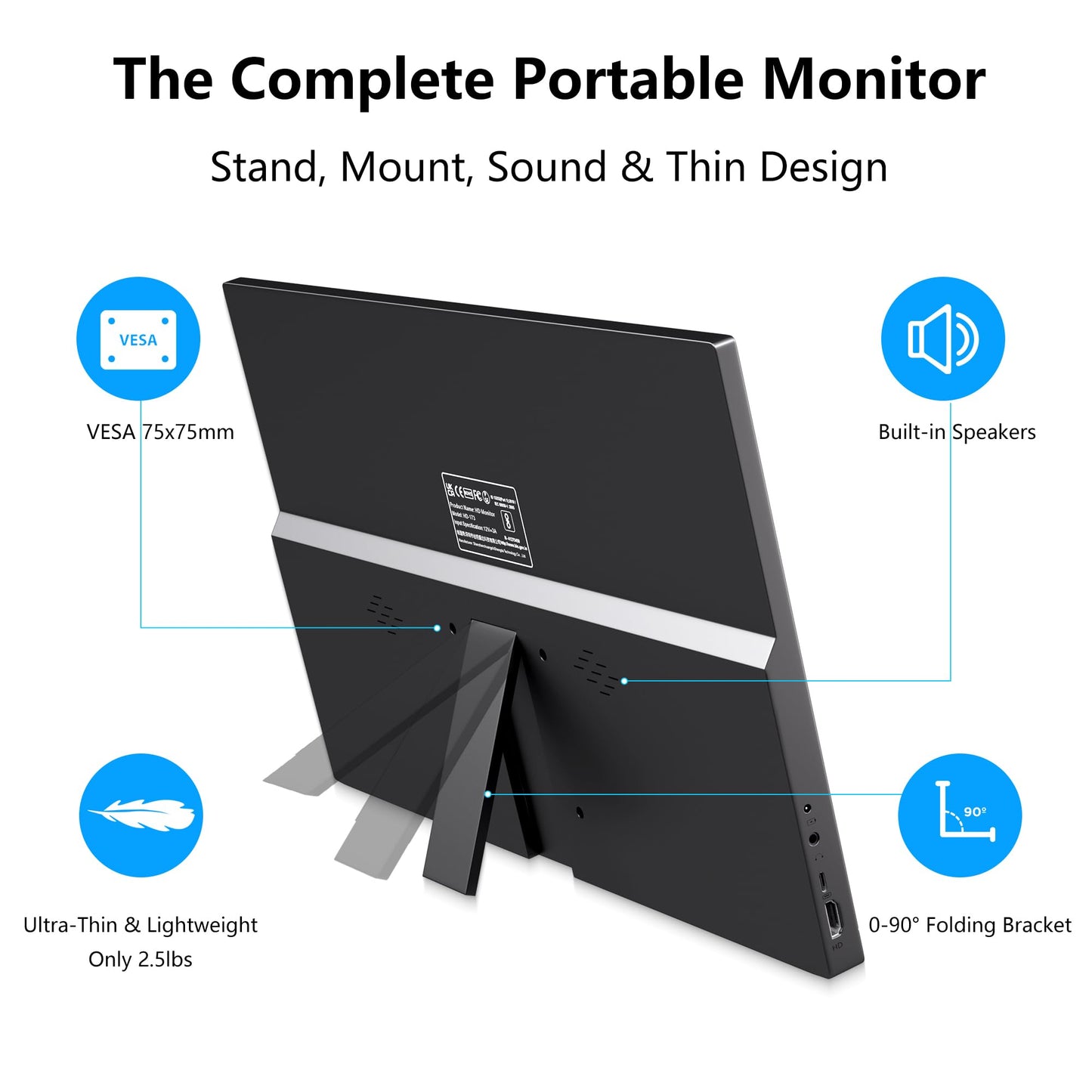 Thinlerian 17.3 Inch Portable Monitor 1600x900 HD Resolution with USB-C HDMI Dual Speakers, External Display Second Screen for Laptop PC Phone, Travel, Office