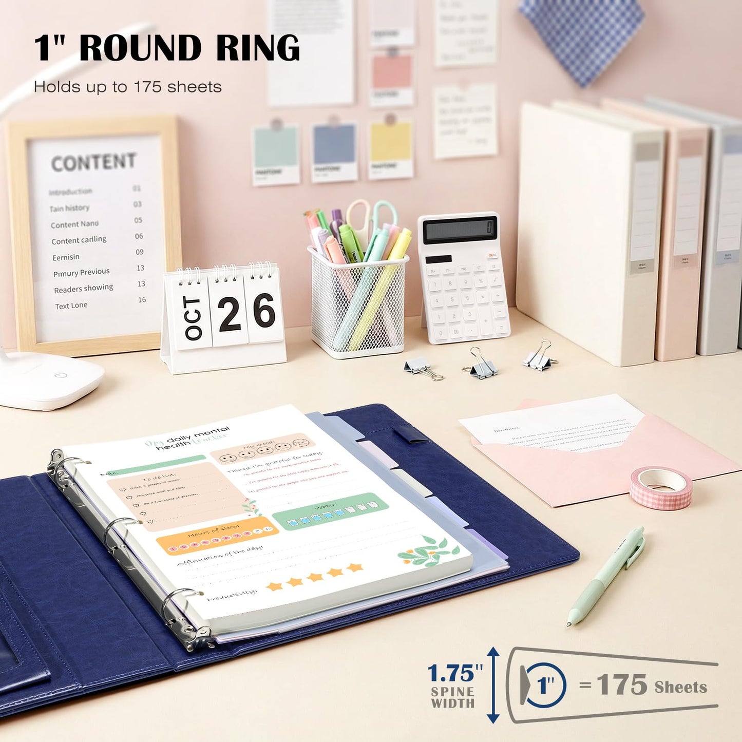 Ospelelf Leather 3 Ring Binder for Letter Size Documents with Durable Pocketed Dividers, Storage Bag & Notepad, 1 Inch Round Rings, Holds 175 Sheets, for Office School Home Organization, Deep Blue