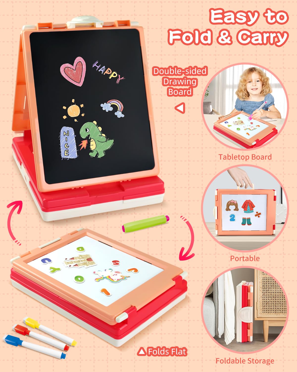 Elovien Foldable Art Easel for Kids, Double Sided with Chalkboard & Magnetic Dry Erase Board, Height Adjustable Desktop Easel, Educational Gift for Girls (Pink)