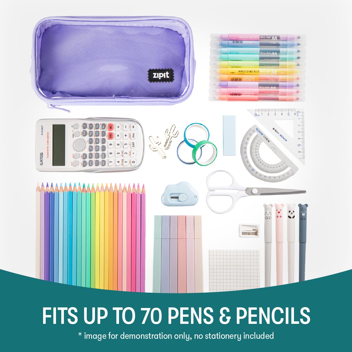ZIPIT Half & Half Pencil Case for Girls, 3 Compartment Zipper Pouch for School, Stationery Bag for Teen and Adults, Purple