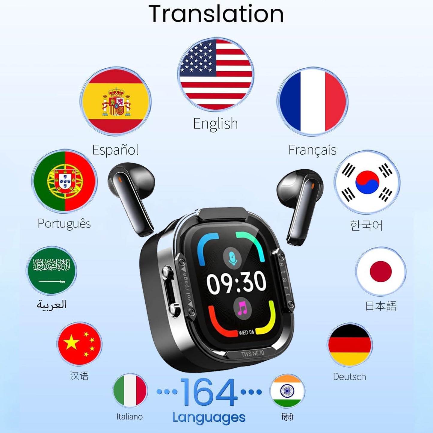 NE70 Earbuds, 2026 New NE70 AI Translation Earbuds in Real Time, Language Translator Headphones with LCD Touch Screen Audifonos Traductores Inglés Español Support 165 Languages for Travel Business