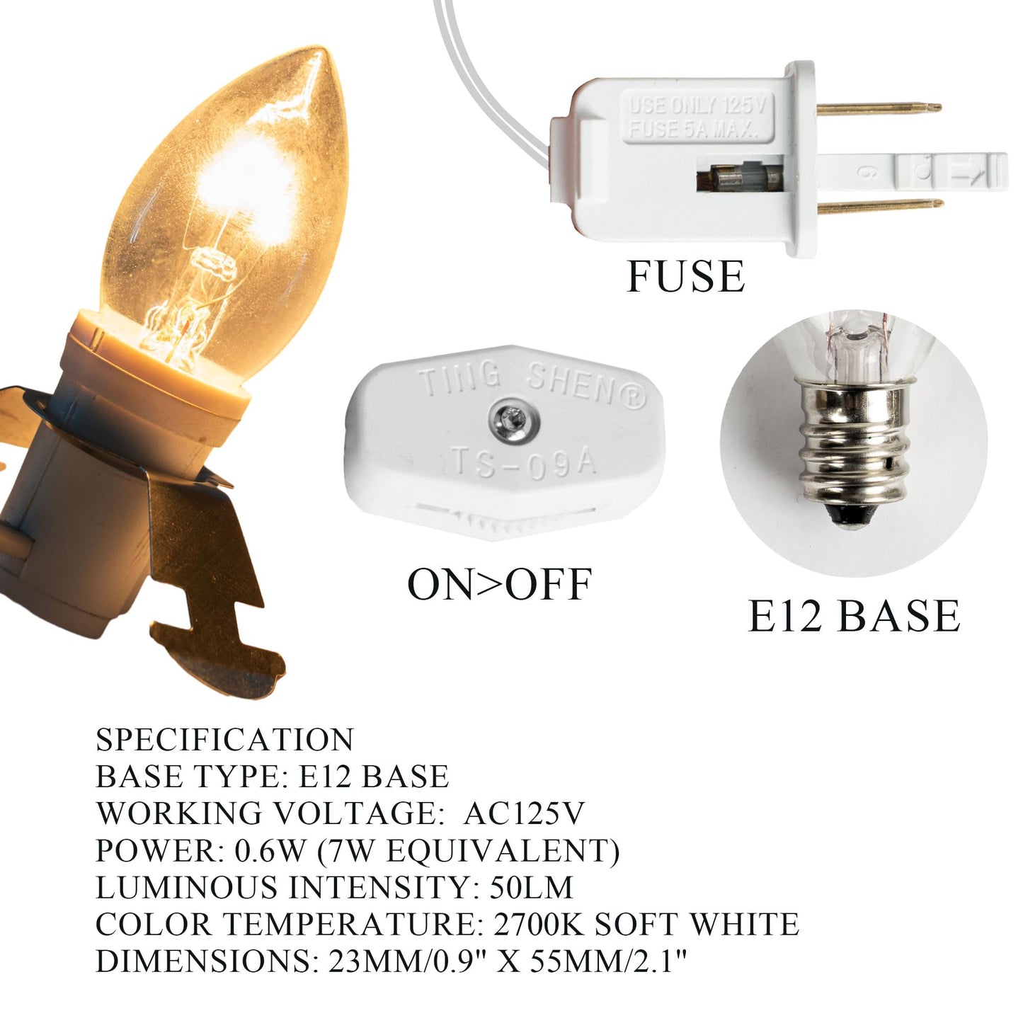 Dazzle Bright C7 Candelabra Light Bulbs 2 Pack 6 FT White Cord with On/Off Switch Warm White Incandescent Model 31001A-09