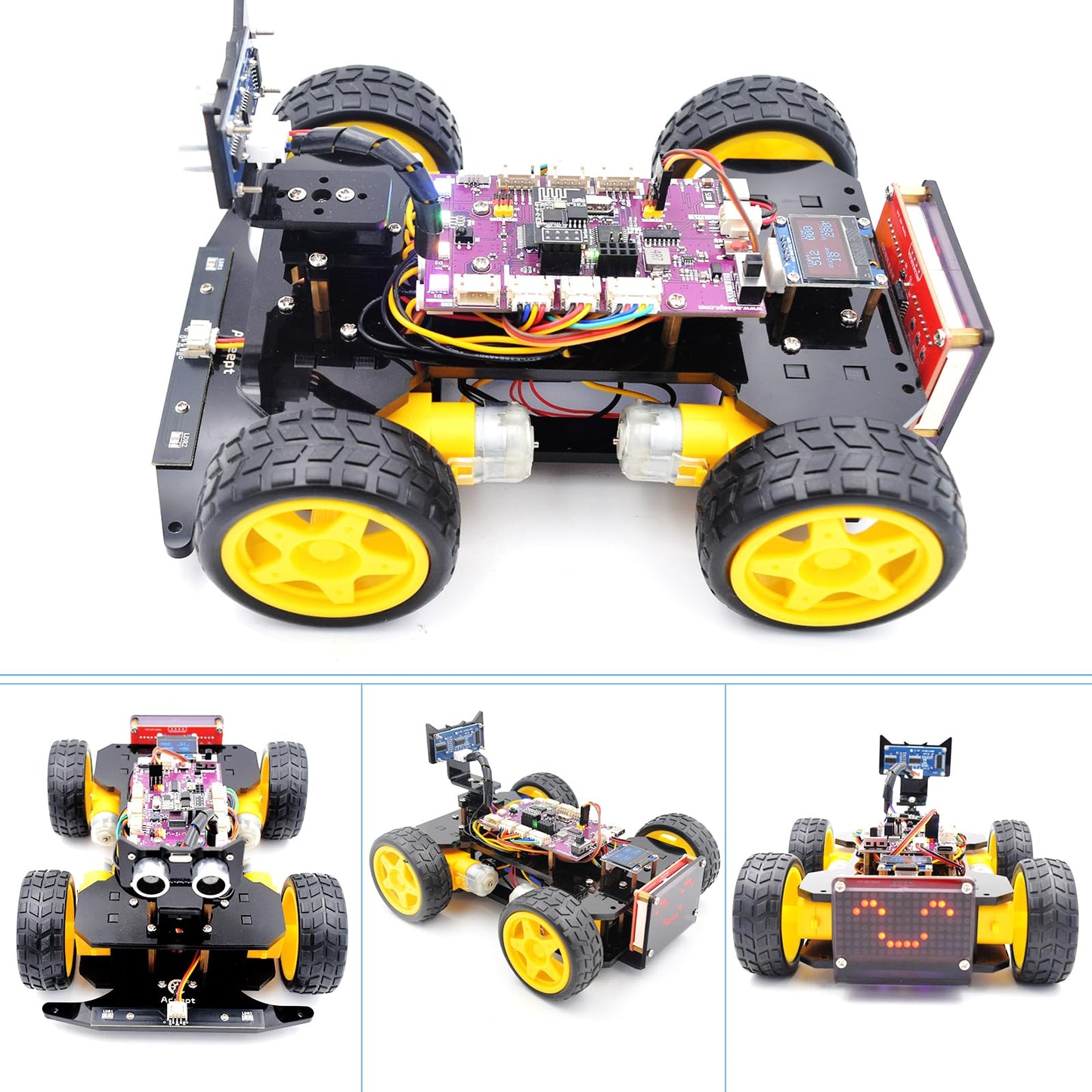 Adeept 4WD Smart Car Kit(Compatible with Arduino IDE), Line Tracking, Light Tracing, Obstacle Avoidance, Servo Motor, OLED Display, Buzzer, LED Dot Matrix Display