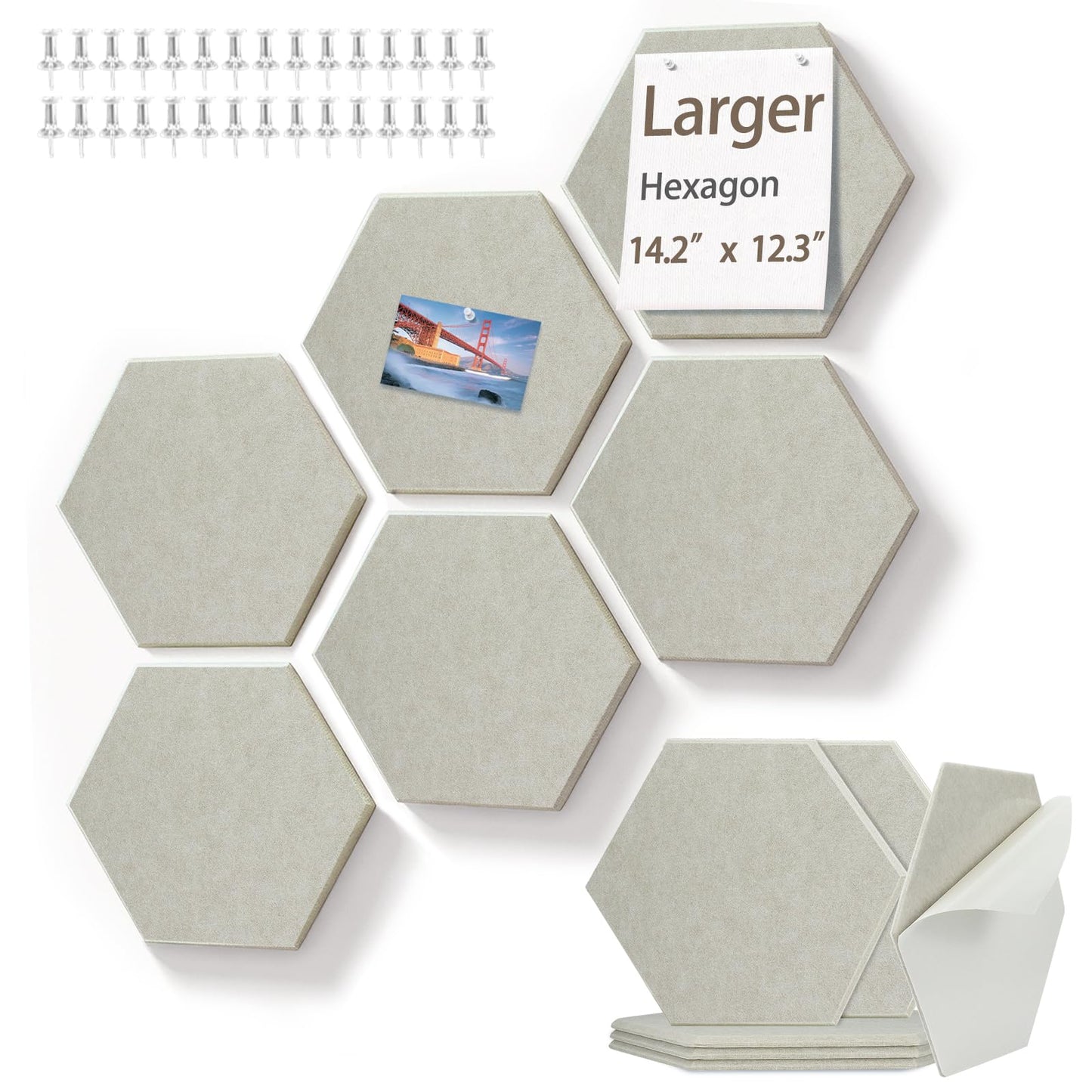 BXI Large Hexagon Felt Bulletin Board - 14.2 X 12.3 X 0.4 Inches 6 Pcs Self-Adhesive Poster Cork Board 30 Push Pins, Pin Tiles Display Vision Board, Photo Picture Panels for Home Office Classroom
