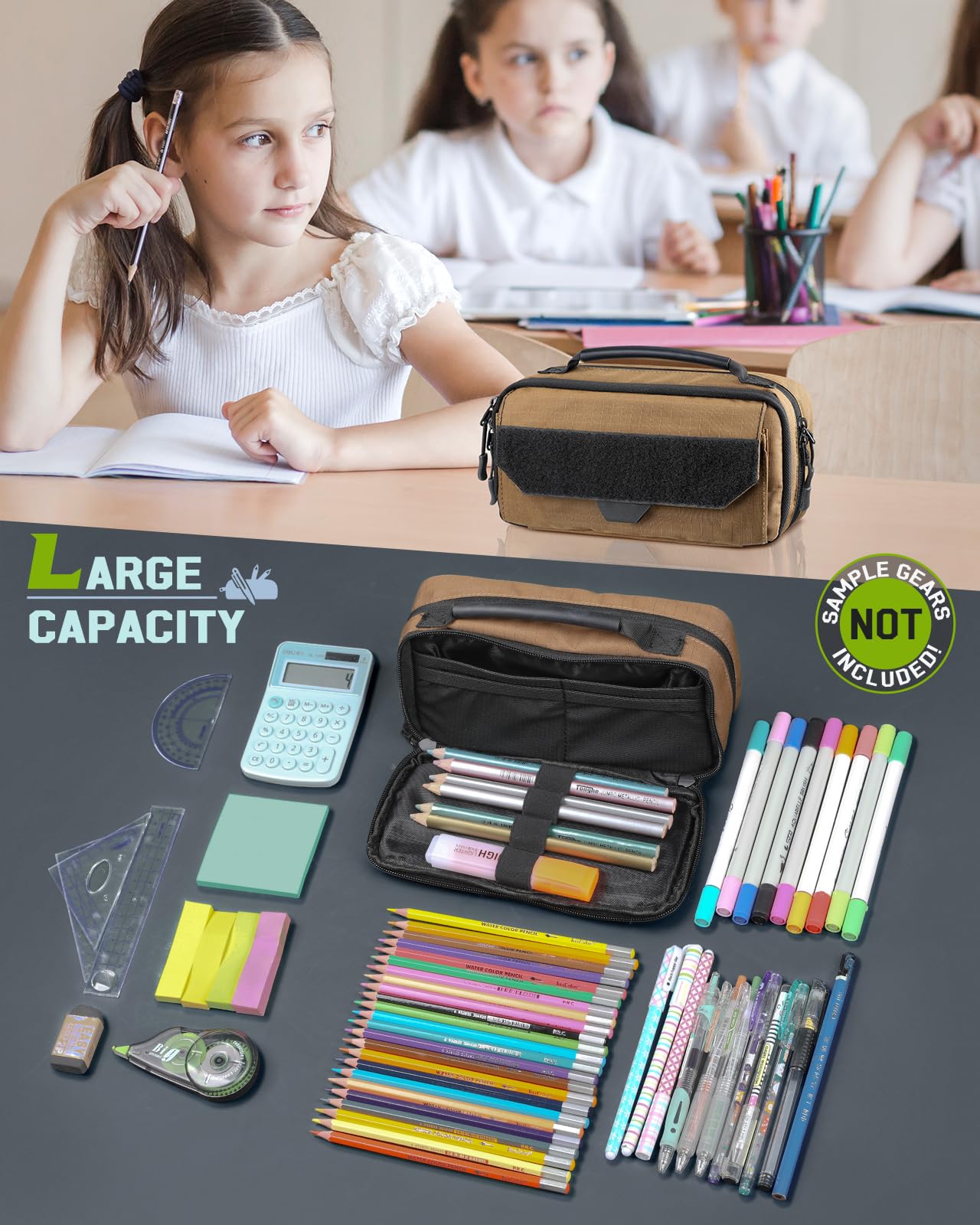 RXW Large Capacity Pencil Case Pouch for Boys, Zippered Tactical Pencil Bag Carry Handle, Small Tool Pouch for Adults (includes US Flag Patch + 2 MOLLE Straps)