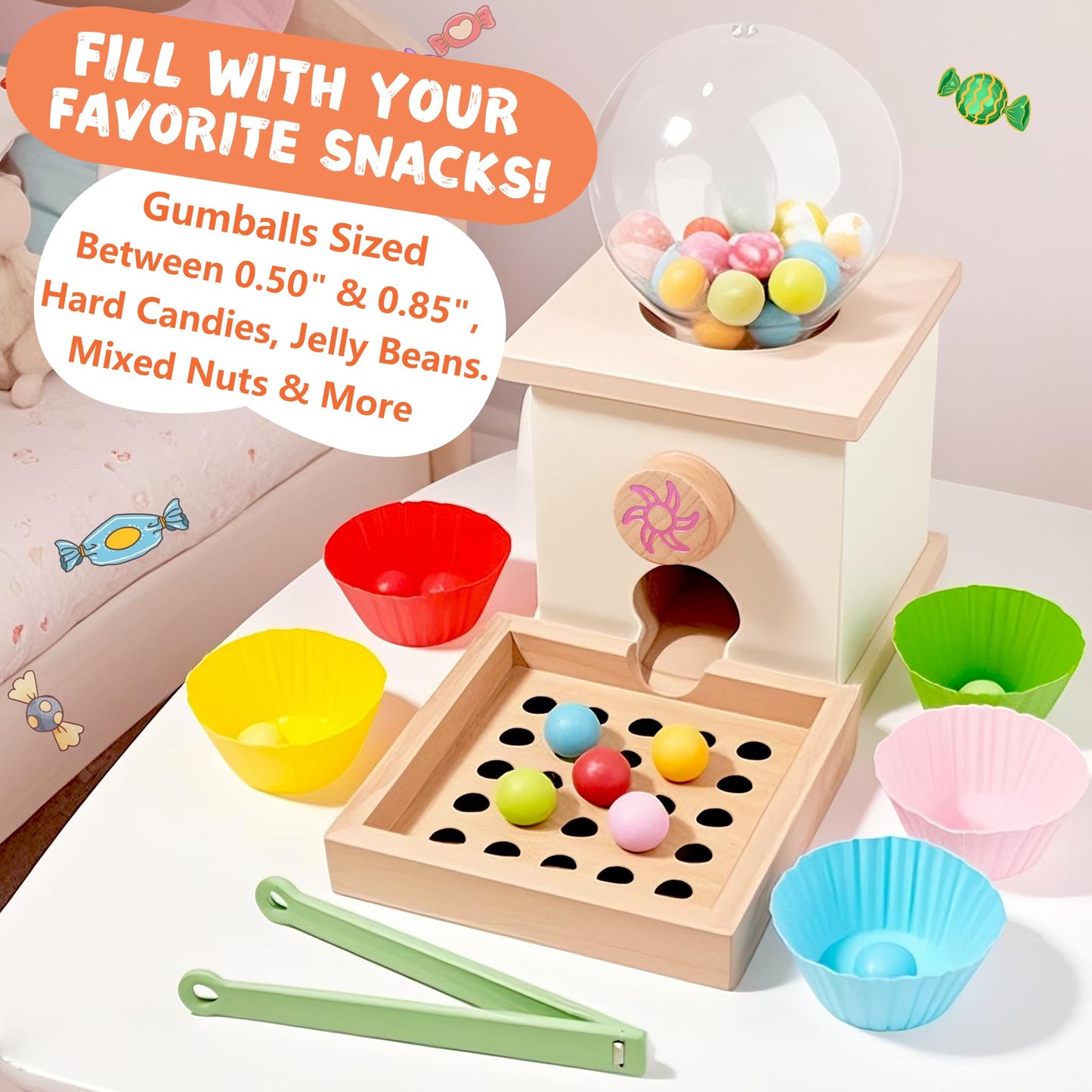 QimuMku 9.6" Wooden Gumball Machine Counting Montessori Toys for 3 4 5 Years Old Boys Girls, Toddler Preschool Learning Activities Toy for Kids Ages 4-8, Birthday Gifts Sensory Toys