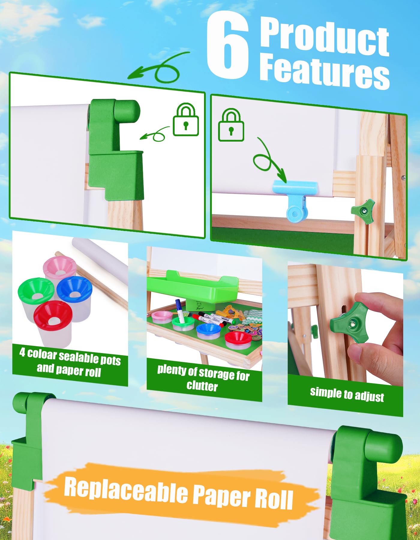 JOYOOSS Easel for Kids - Adjustable Wooden Art Easel with Paper Roll,Magnetic Double Sided Dry Erase Board,Outdoor Easel for Toddlers,Green