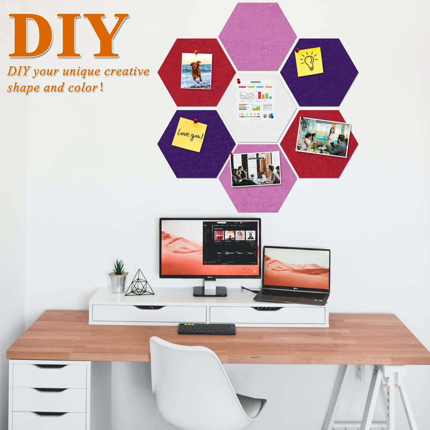 HULAVO Large Hexagon Felt Cork Board Tiles, Self Adhesive DIY Felt Bulletin Board Pin Board with 35 Pushpins for Office School Home Wall Decor(Purple+Light Purple+Deep Red)
