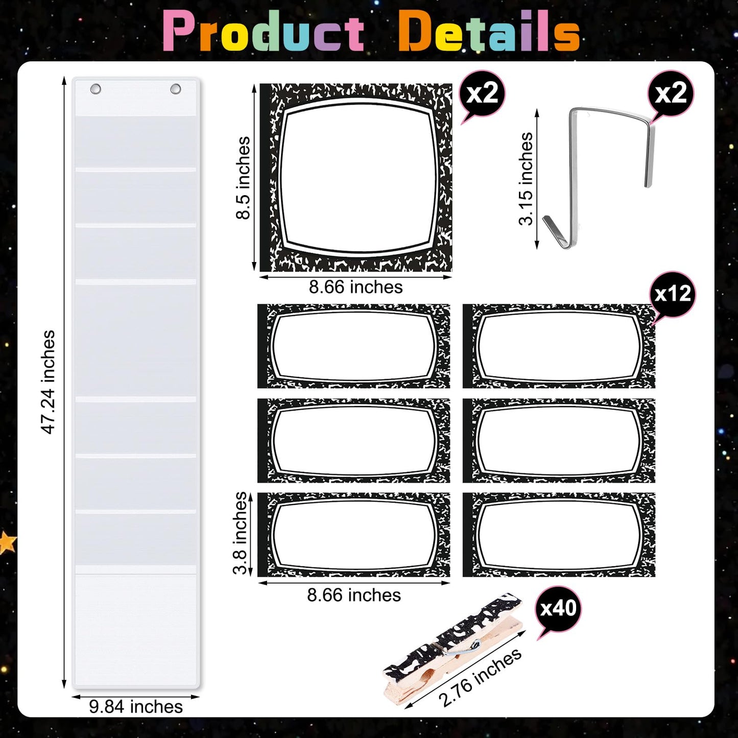 AmazingSpark 57 Pcs Classroom Behavior Chart for Student Management Kids Tracking Chart Hanging Creative Bulletin Board with 40 Clips for School Preschool Child Care(Black Composition Book)