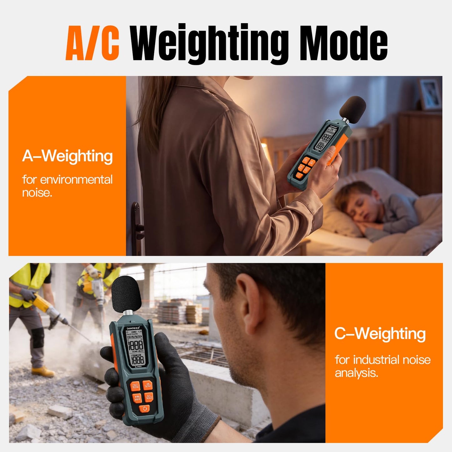 Decibel Meter, Goldeep SL750A Digital Sound Level Meter 30-130dB, A/C Weighted DB Meter with dB/SONE, Fast/Slow, MAX/MIN, LCD Sound Meter for Home, Office, Factory, Neighbor Noise - Vitality Orange