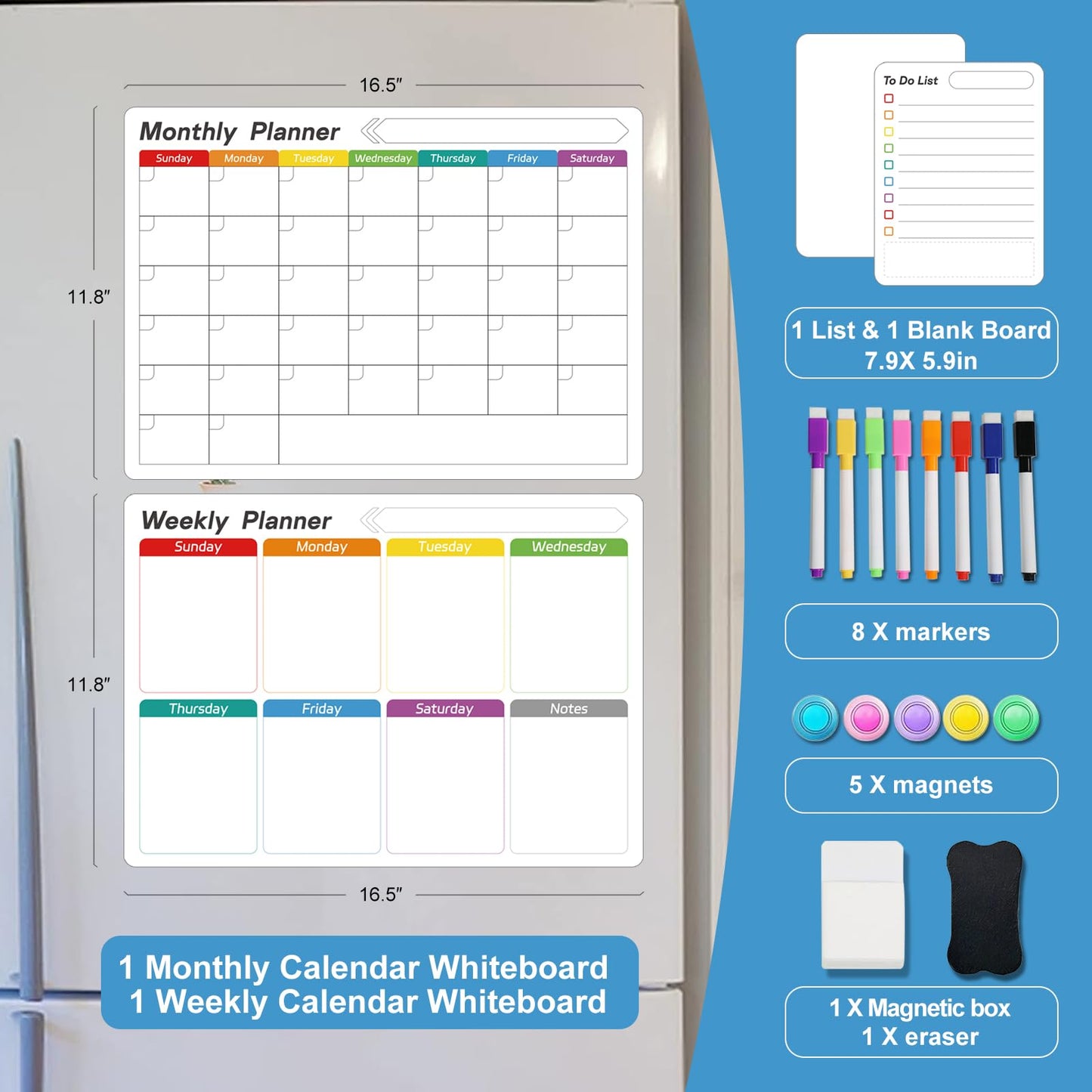 UCMD Monthly Magnetic Dry Erase Calendar Whiteboard Set (4-Pack) for Fridge，Reusable Monthly and Weekly Planners with List & Blank Board, 8 Markers, 1 Eraser，1 Magnetic Storage Box and 5 Magnets