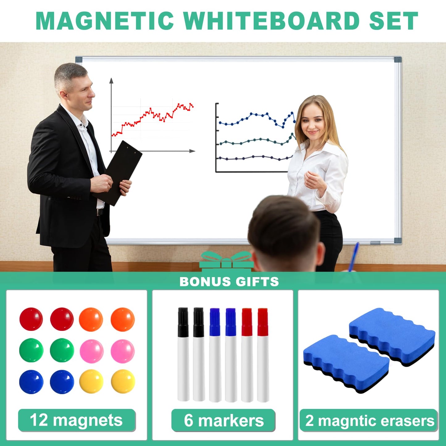 H-Qprobd Dry Erase White Board for Wall 6' x 3' Large Magnetic Whiteboard 72"x36" Aluminum Presentation Whiteboard with Long Pen Tray, 6 Markers, 2 Erasers &12 Magnets