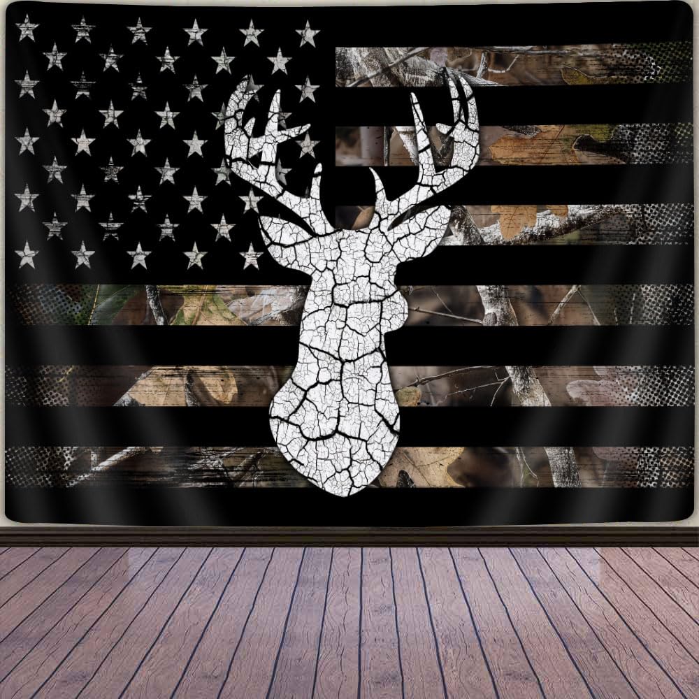 GOAOK Western Tapestry Black White American Flag, Country Deer Hunting Camo Tapestries for Men Guys Room Decor, Tapestry Wall Hanging Poster Blanket College Dorm Cool Indie Room 60"X40"