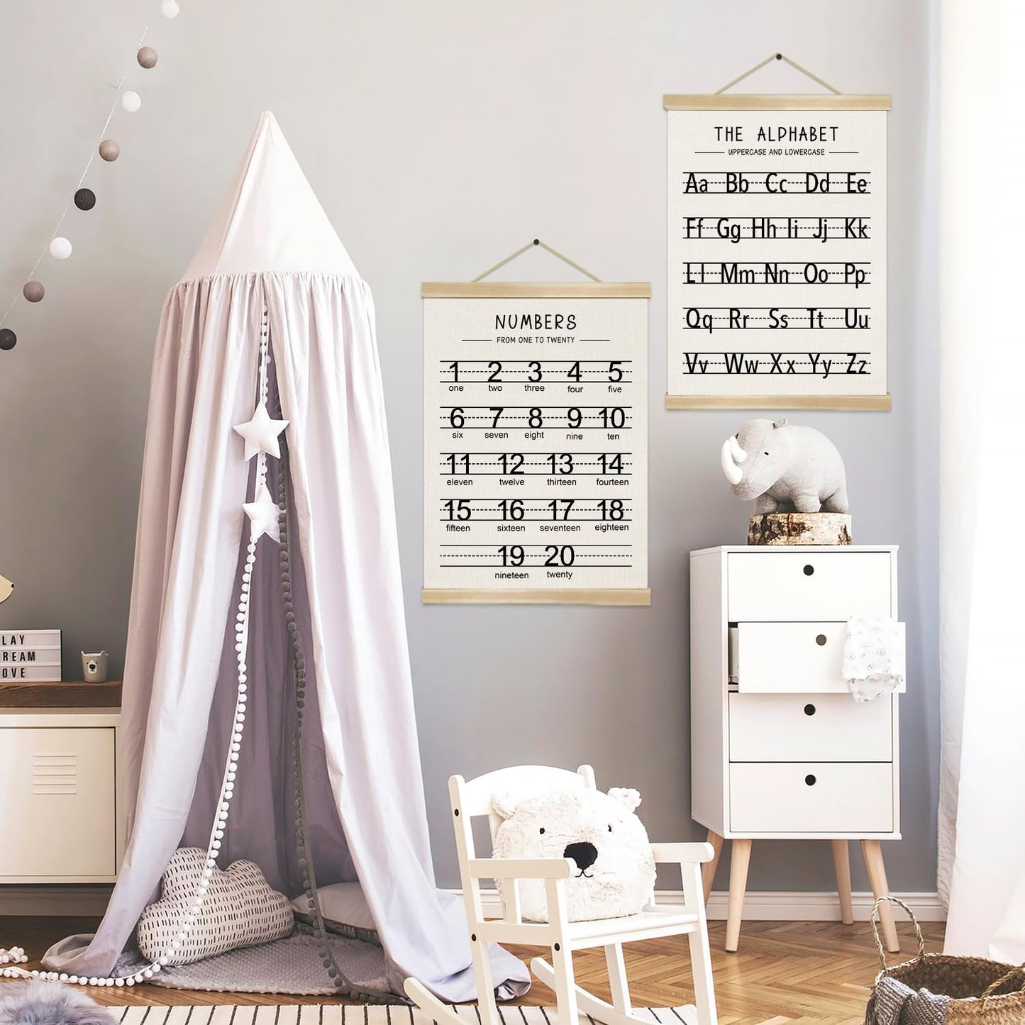 Alphabet and Numbers Wall Chart Set of 2,Toddlers Educational Posters,Alphabet and 1-20 Number Learning Banners for Preschool Classroom Homeschool Nursery Playroom,Kids Room Decor 14x18.5 Inch (Black)