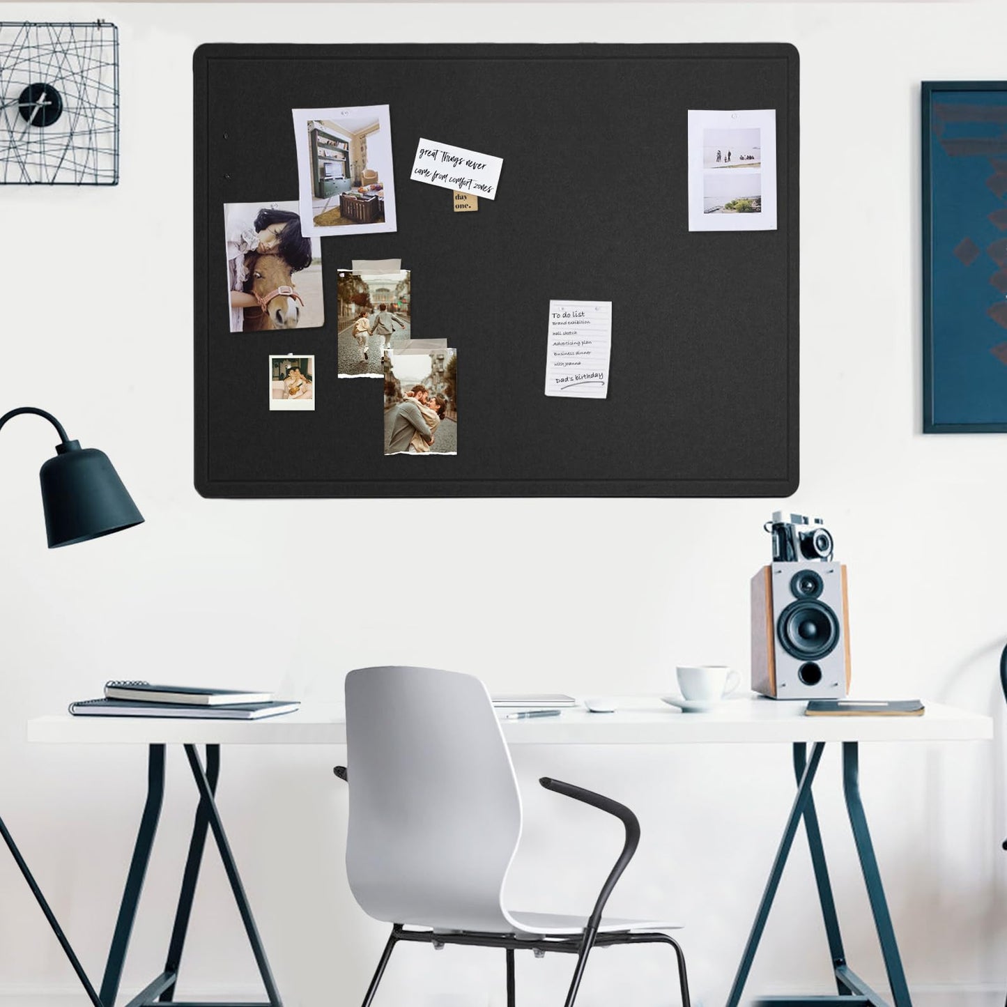 Lightomorrow Large Bulletin Board - 48 x 36 Inches, Decorative Felt Pin Board for Wall - 4' x 3' Foldable Photo Display Board with Self-Adhesive Tape, Includes 20 Push Pins - Black