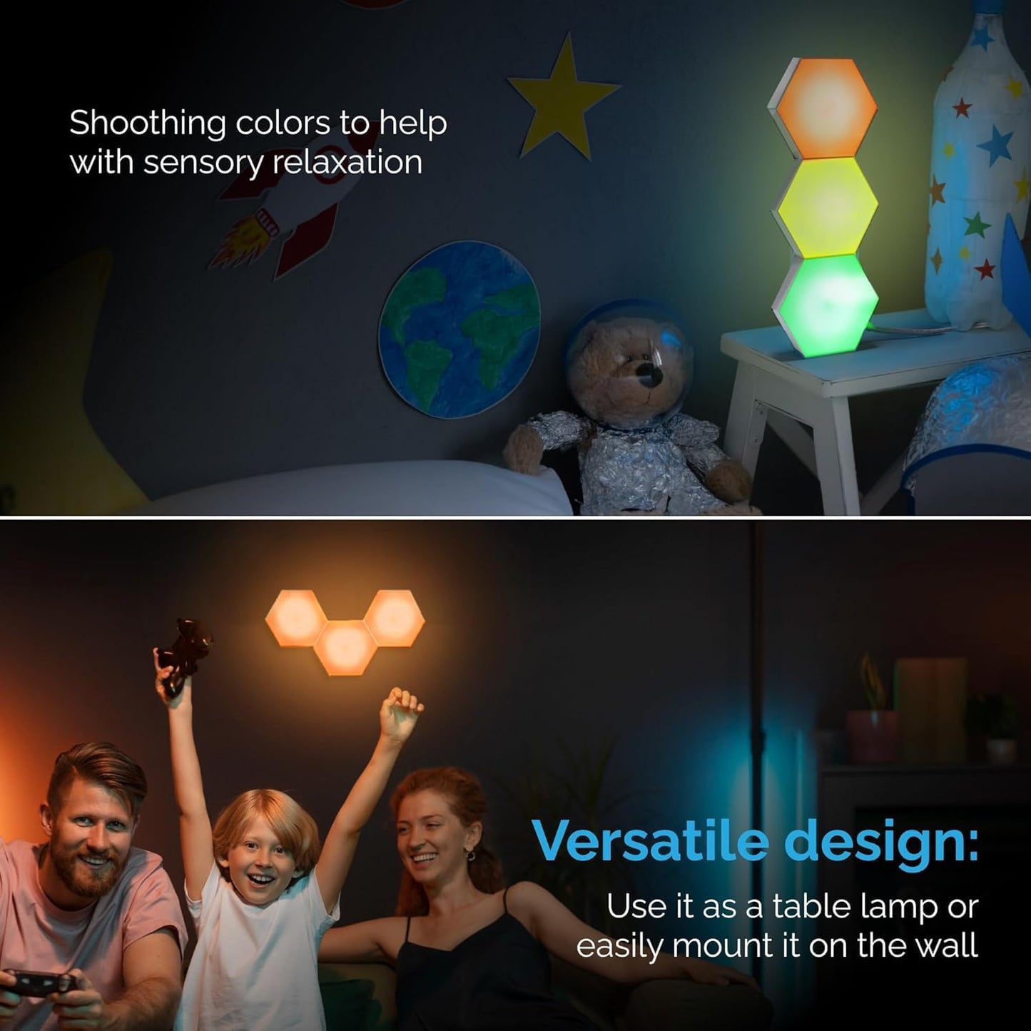 Emberela HEXlights Sensory Lights for Kids - 3pk Touch Hexagon Lights, Remote Controlled - Autism-Friendly Tap Tap Wall LED Panels for Sensory Room - Table Stand Included | Gifts for Kids with Autism