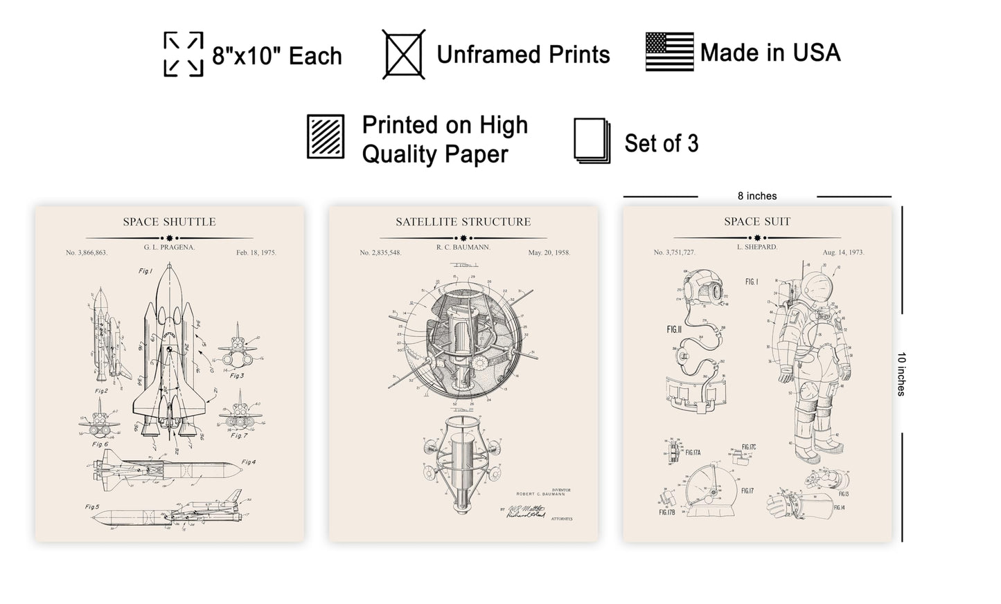 Monem Art 3-Piece Space Blueprint - Suit Patent Print, Spaceship, NASA, Rocket, Astronaut Art - Great Office or Living Room Wall Decor - 8x10 UNFRAMED