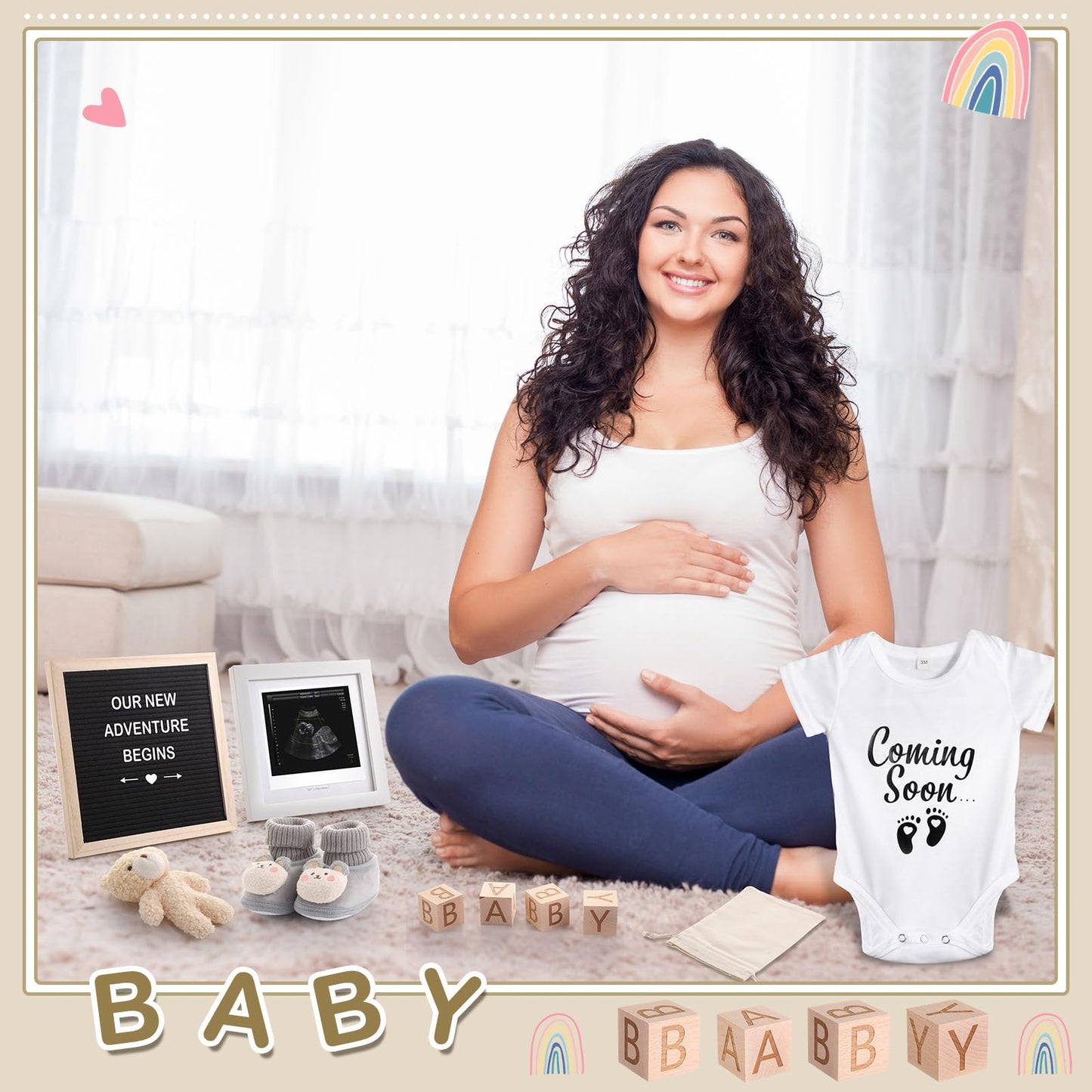 Canlierr 9 Pcs Pregnancy Announcement Set Pregnancy Reveal Ideas Felt Letter Board Baby Bodysuit Booties Photo Frame Bear Plush Wood Blocks for Coming Soon Baby Announcement(Black)