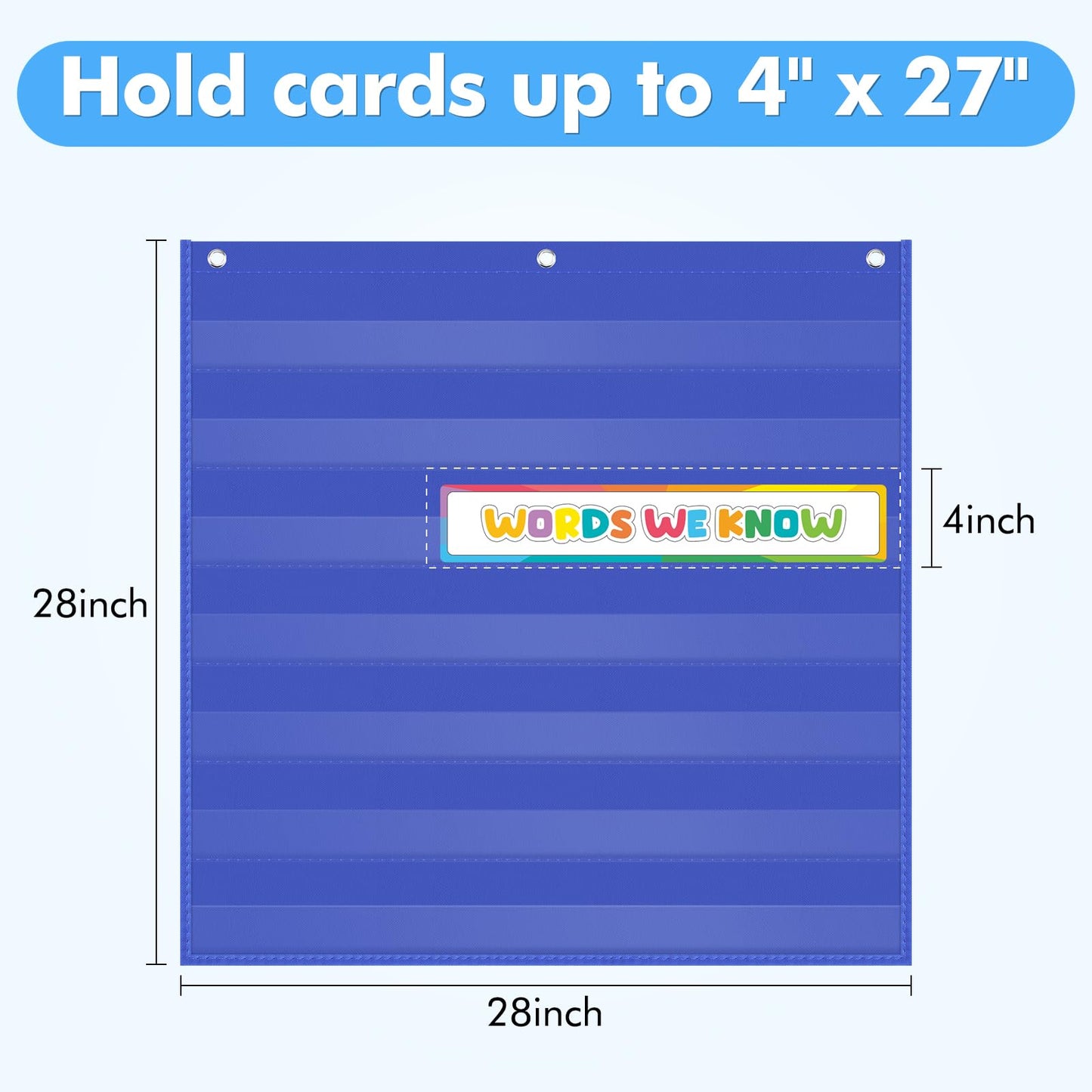 AUVCAS Standard Pocket Chart Clear 7 for Classroom & Home Heavy Duty Hanging Pocket Chart for Word Wall/Letter Cards/Sentence Strips 28Wx28L,Blue