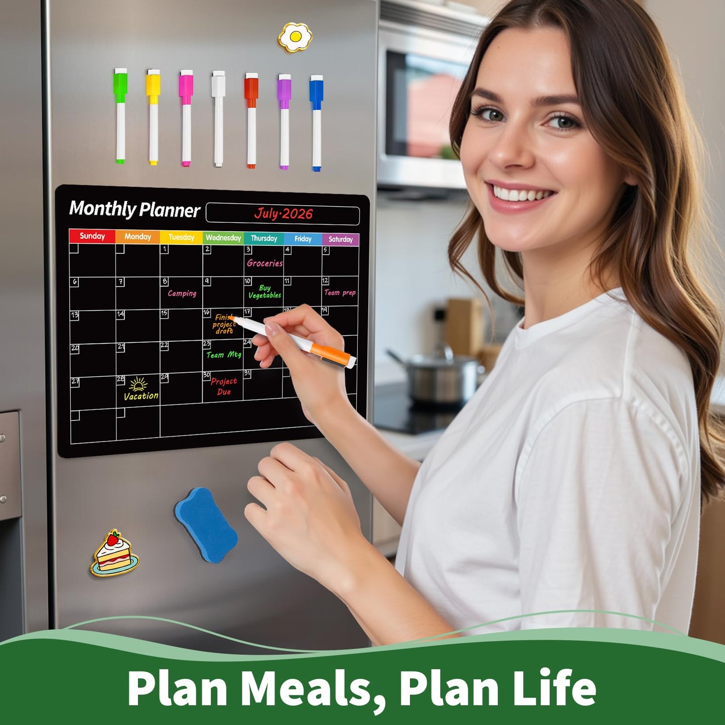 FINDMAG 4 Pack Magnetic Dry Erase Board Set, 16.5"x11.8" Magnetic Calendar for Refrigerator, Fridge Calendar Magnet, Black Weekly Planner Whiteboard for Fridge, Easy to Use with 8 Markers & Eraser