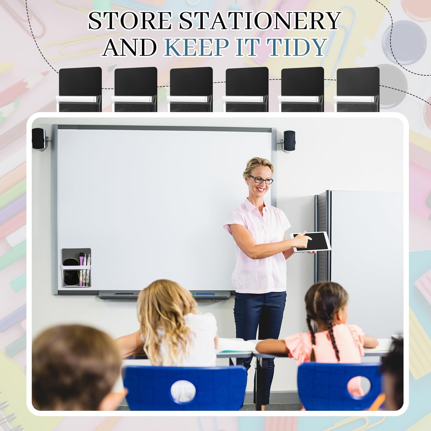 Sherr 6 Pcs 6 Pcs Magnetic Pockets Pen Marker Holders for Classroom Whiteboard 4.7 x 6.5 Magnetic Clear File for Fridge Locker Dry Erase Marker Storage Teacher Supplies (4.7 x 6.5 in,Black)
