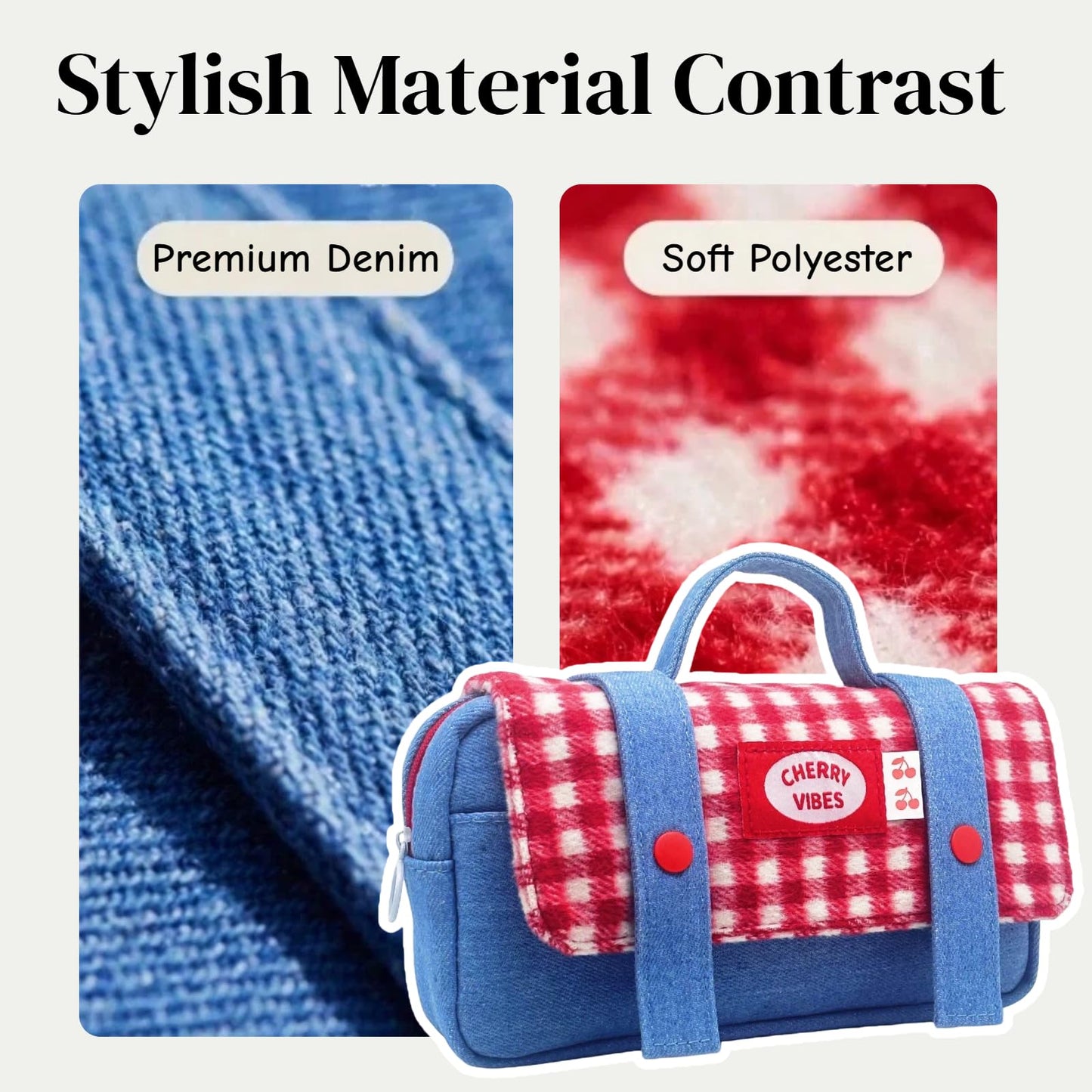 Haumei Cute Checkered Pencil Case, Red White Plaid with Denim Patchwork, Large Capacity Gingham Pattern Pen Bag with Handle, Big Stationery Organizer, Multi-Use Storage Pouch, 8.7x1.6x4.7 Inches, Blue