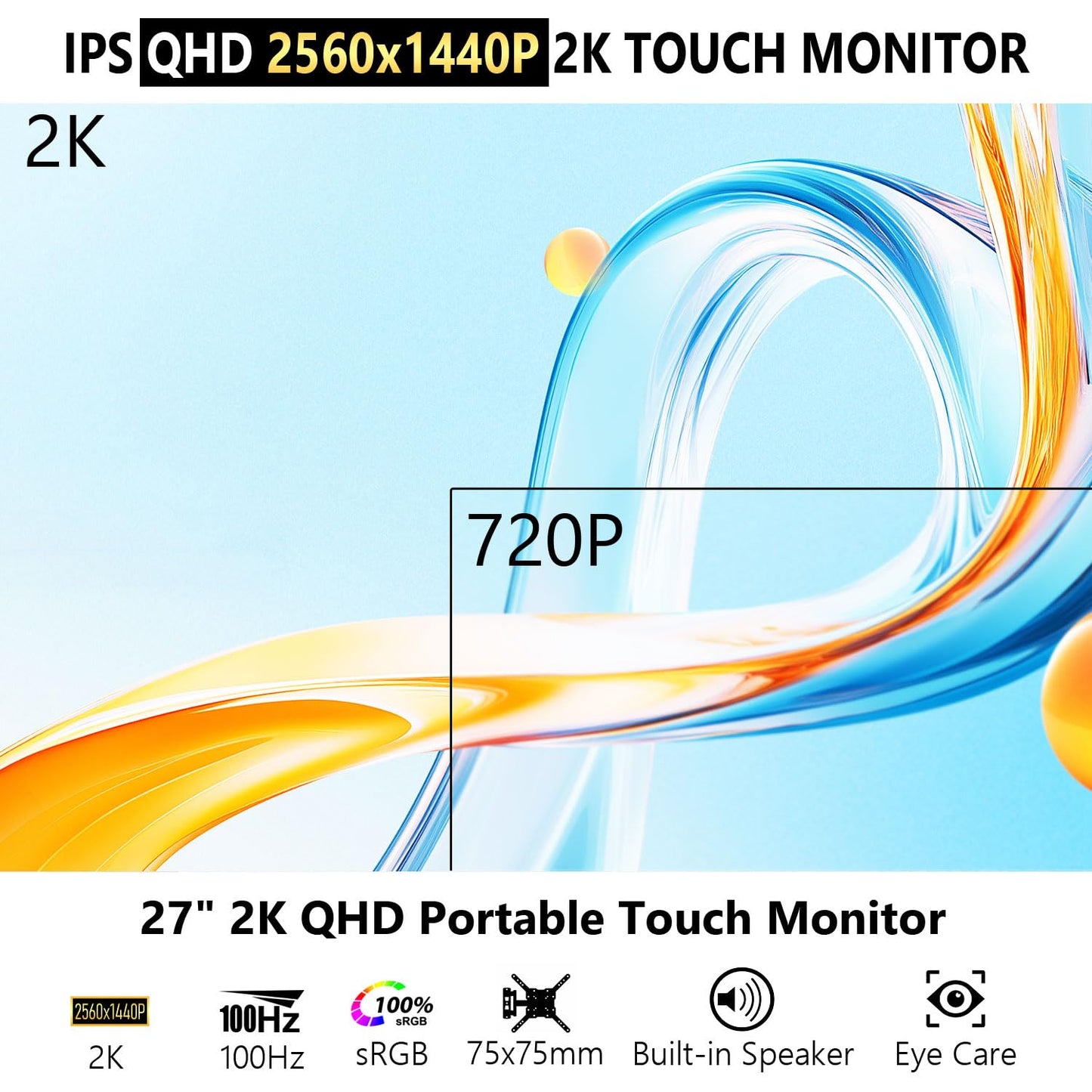 Prechen 27 Inch 2K QHD 100Hz Touchscreen Monitor 10 Point Multi Touch IPS Portable Display, 2560x1440 USB-C HDMI Laptop Monitor with Adjustable Stand & Speakers